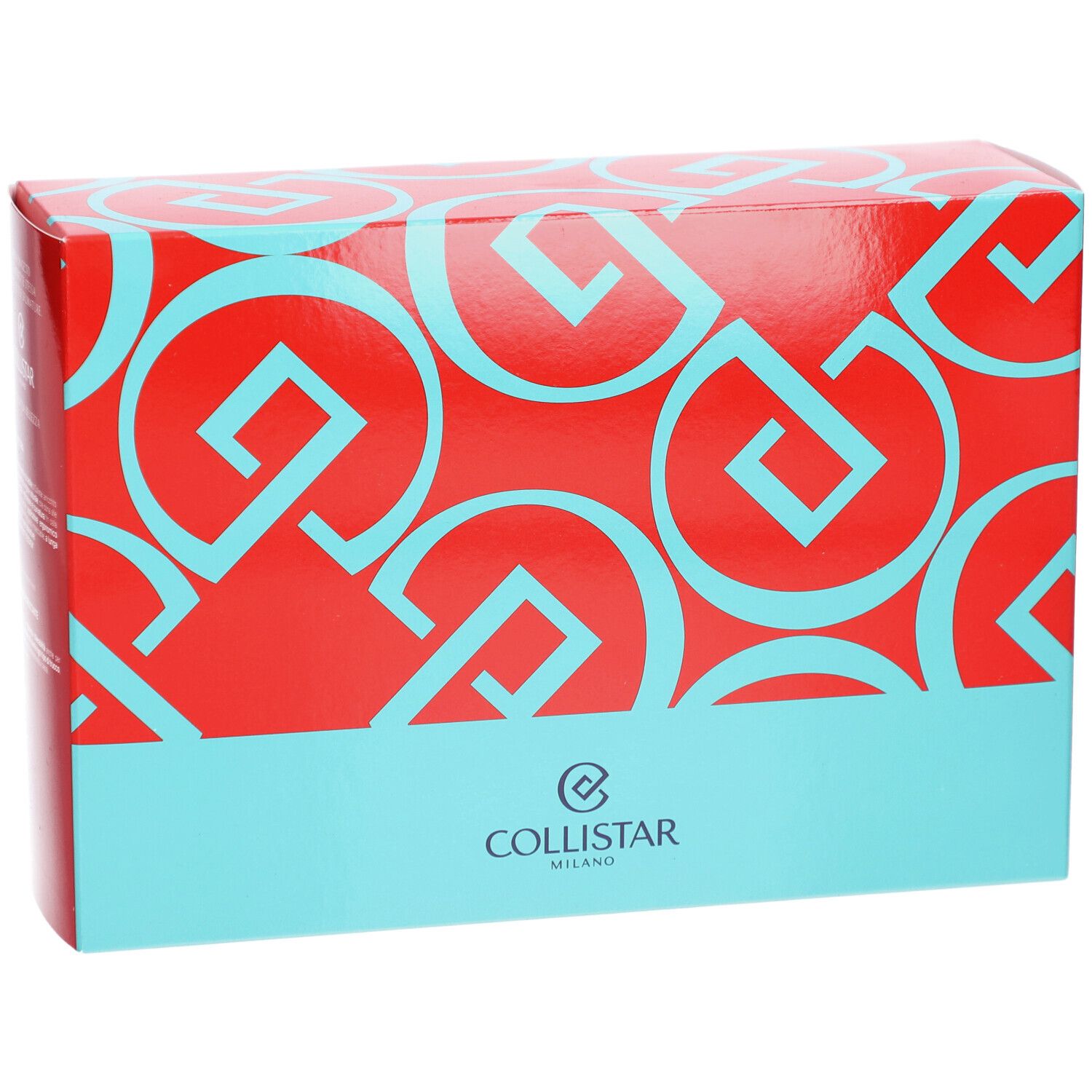 Confezione rettangolare rossa con motivi geometrici turchesi e logo. Parte inferiore turchese.