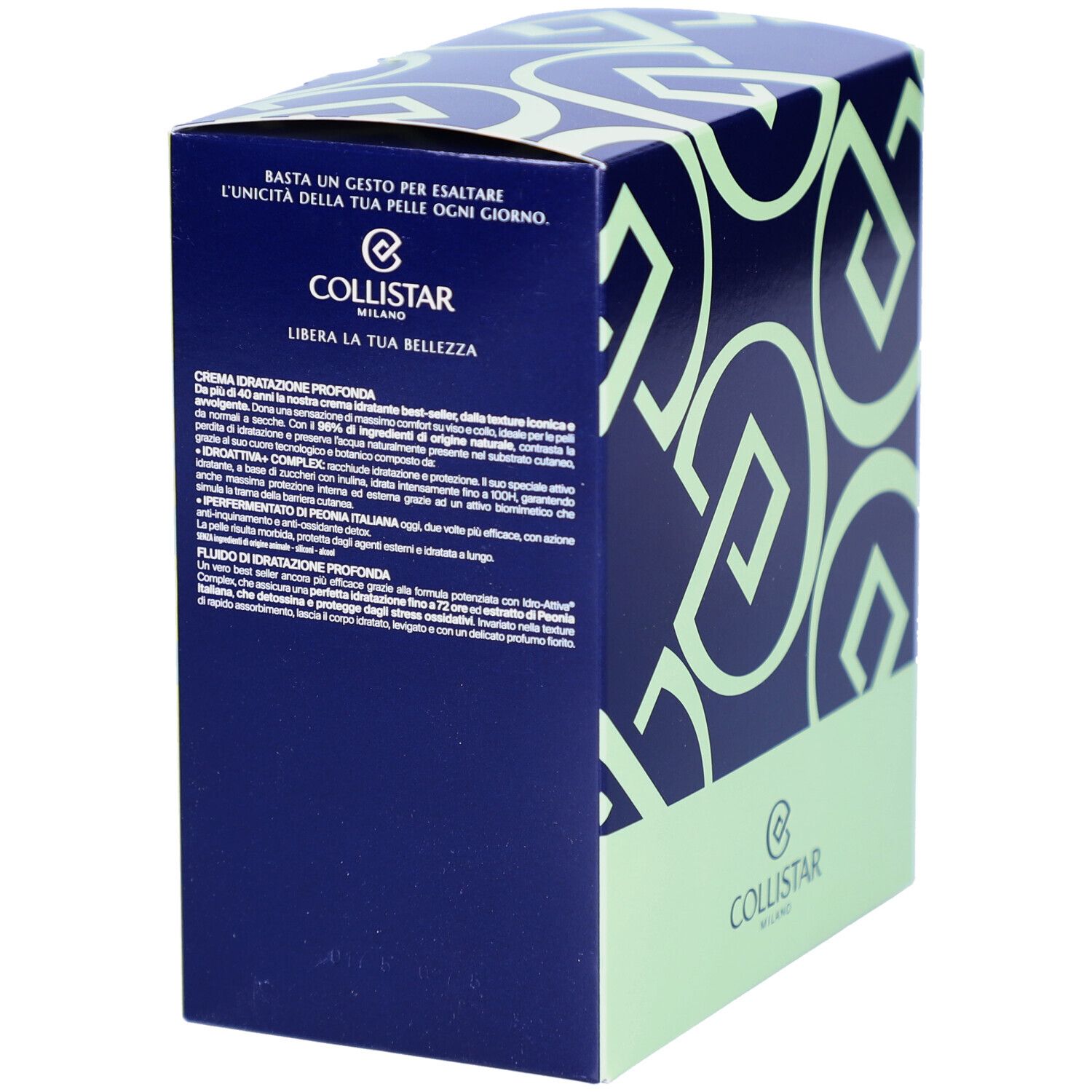 Scatola cosmetica blu con motivo verde. Testo in italiano. Logo Collistar Milano.