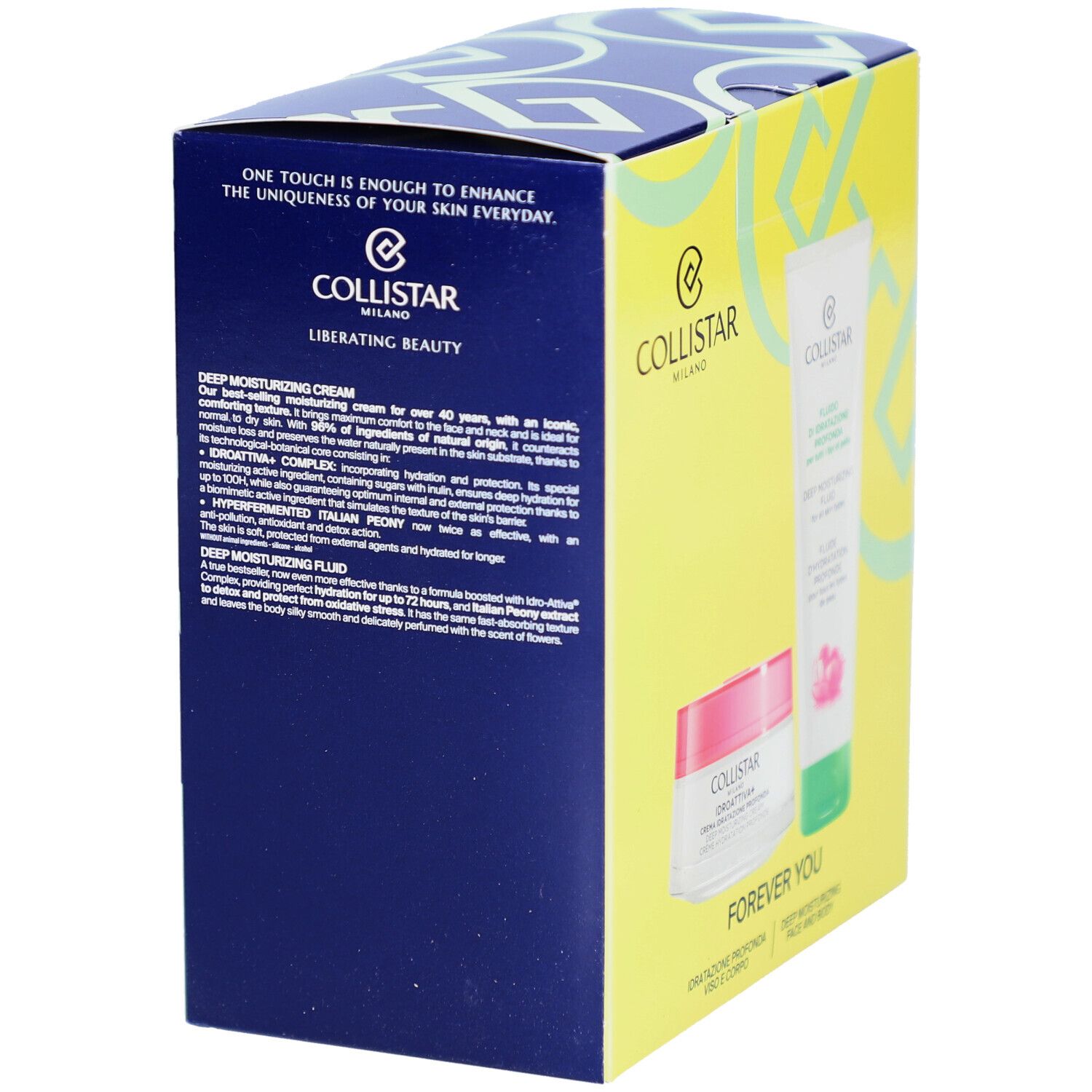 Scatola cosmetica con prodotti. Crema e fluido. Testo in italiano. Logo Collistar Milano.