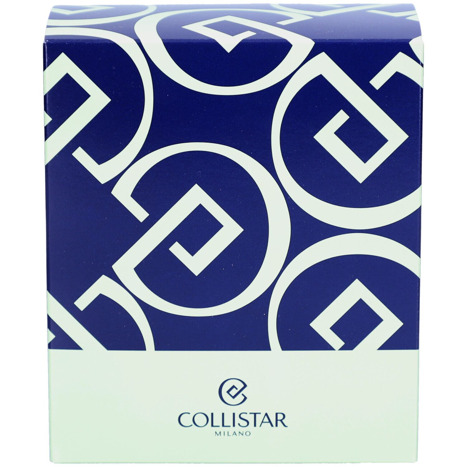 Scatola cosmetica blu e bianca con logo Collistar Milano.