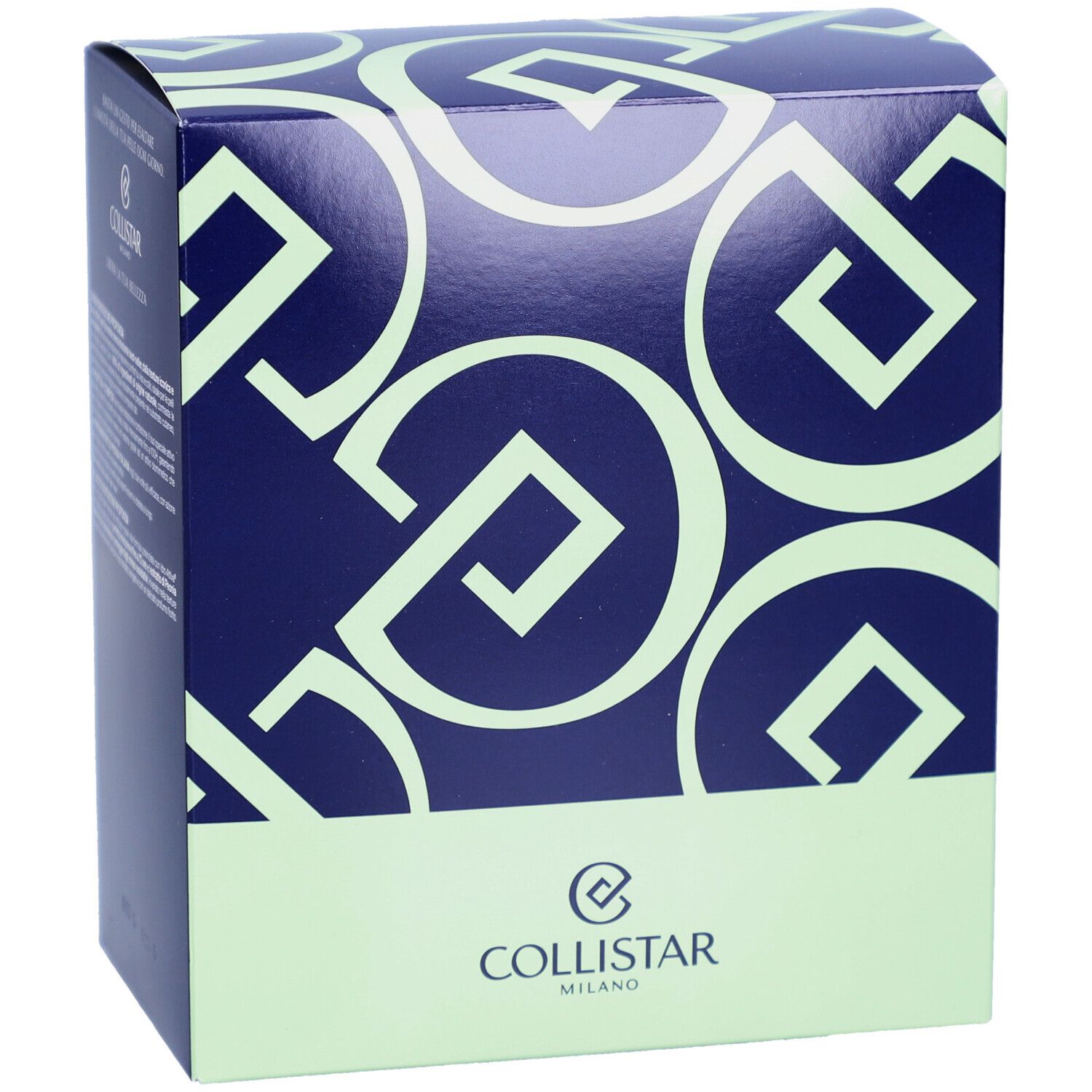 Scatola cosmetica blu e verde con logo Collistar Milano.