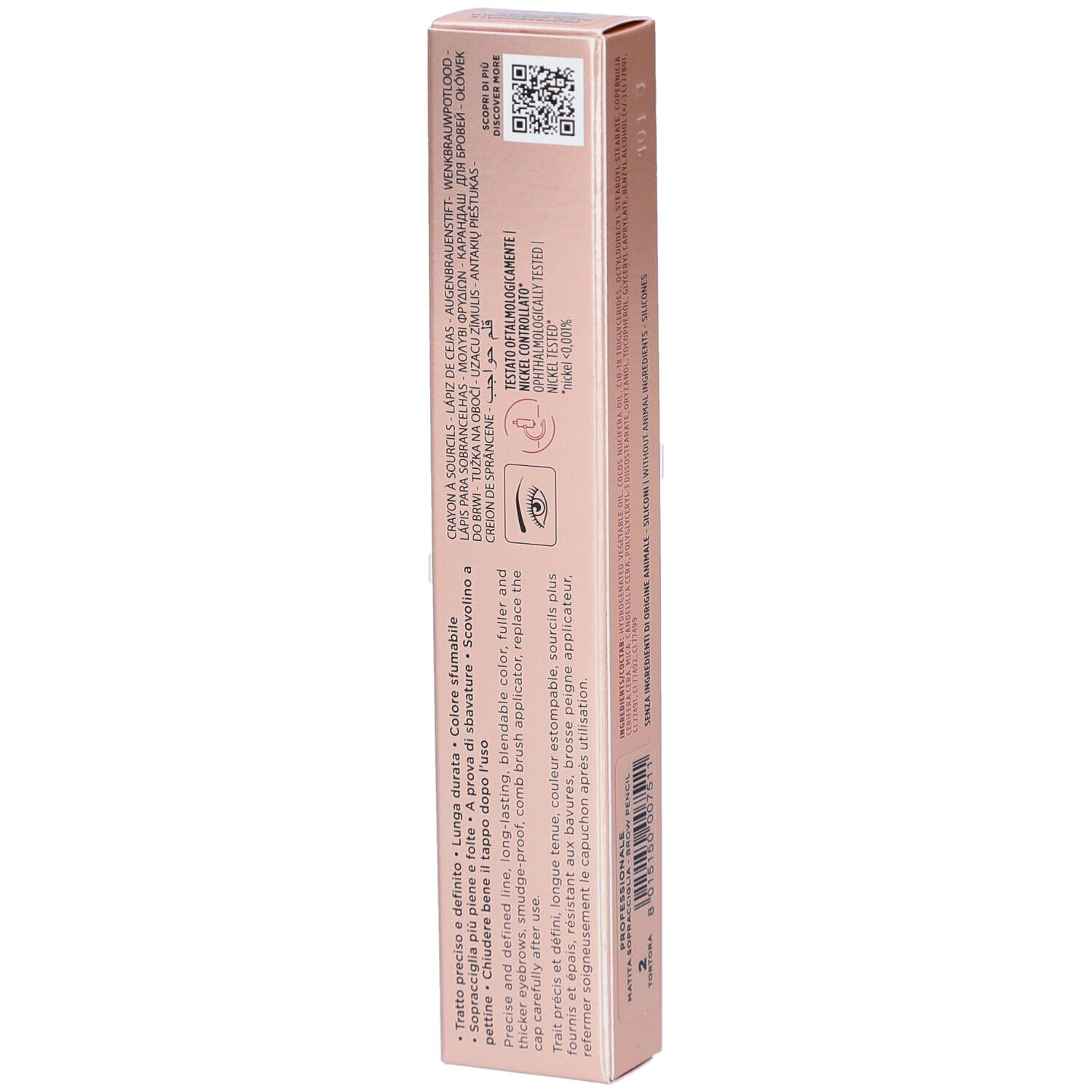 Confezione rosa. Collistar Milano, Professionale, matita sopracciglia lunga durata. Dettaglio del retro.