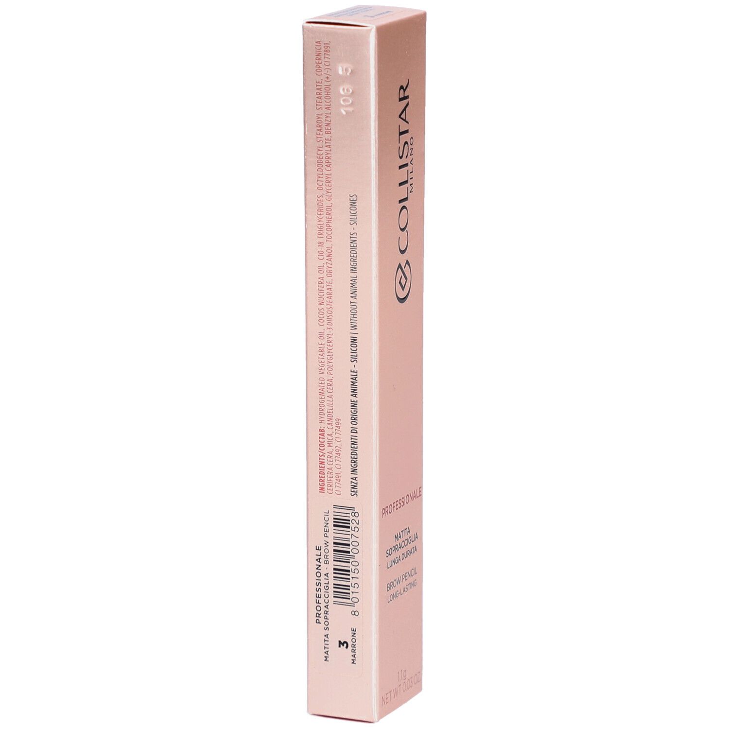 Retro della confezione rosa. Collistar Milano, Professionale, matita per sopracciglia. Testo: Matita Sopracciglia Lunga Durata, Brow Pencil Long-lasting. 1,1g.