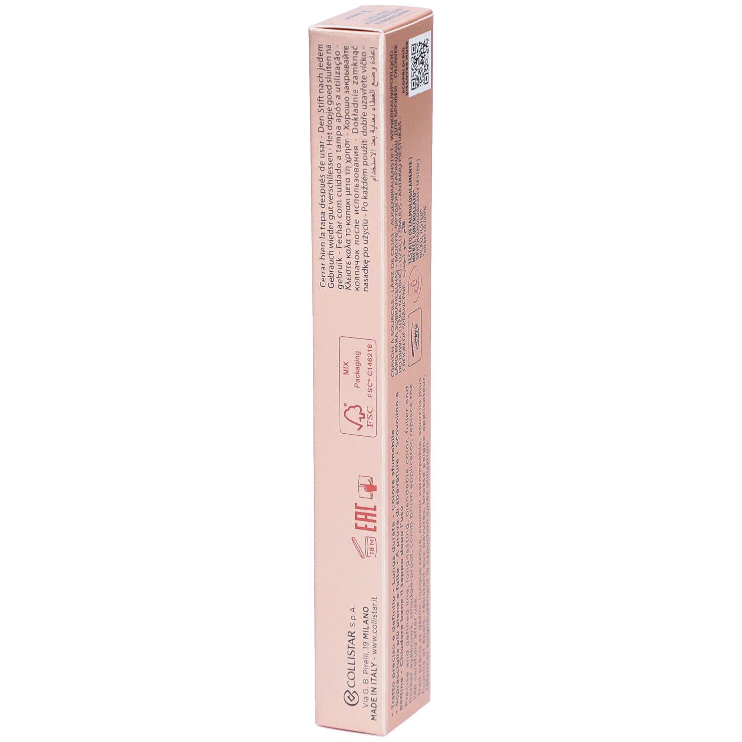 Lato della confezione rosa. Collistar Milano, Professionale, matita per sopracciglia. Testo: Matita Sopracciglia Lunga Durata, Brow Pencil Long-lasting. 1,1g.