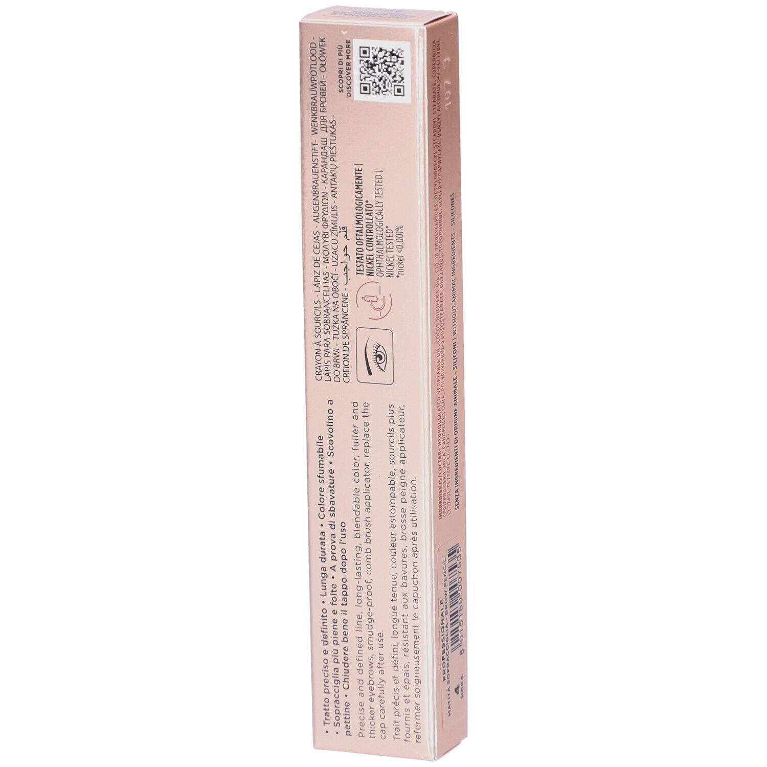 Lato confezione Collistar Brow Pencil. Scatola rosa-oro con testo e simboli. Informazioni.