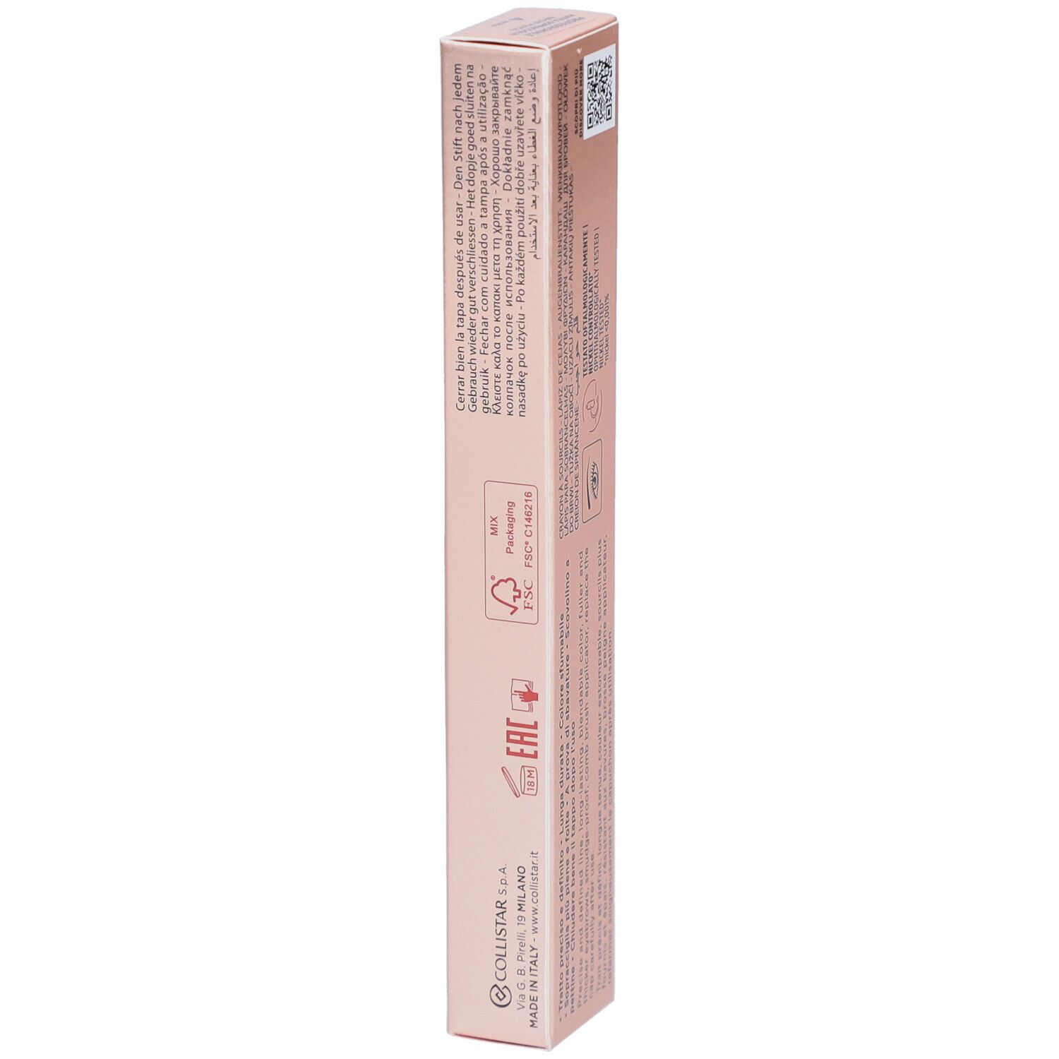 Lato confezione Collistar Brow Pencil. Scatola rosa-oro con testo e simboli. Informazioni.