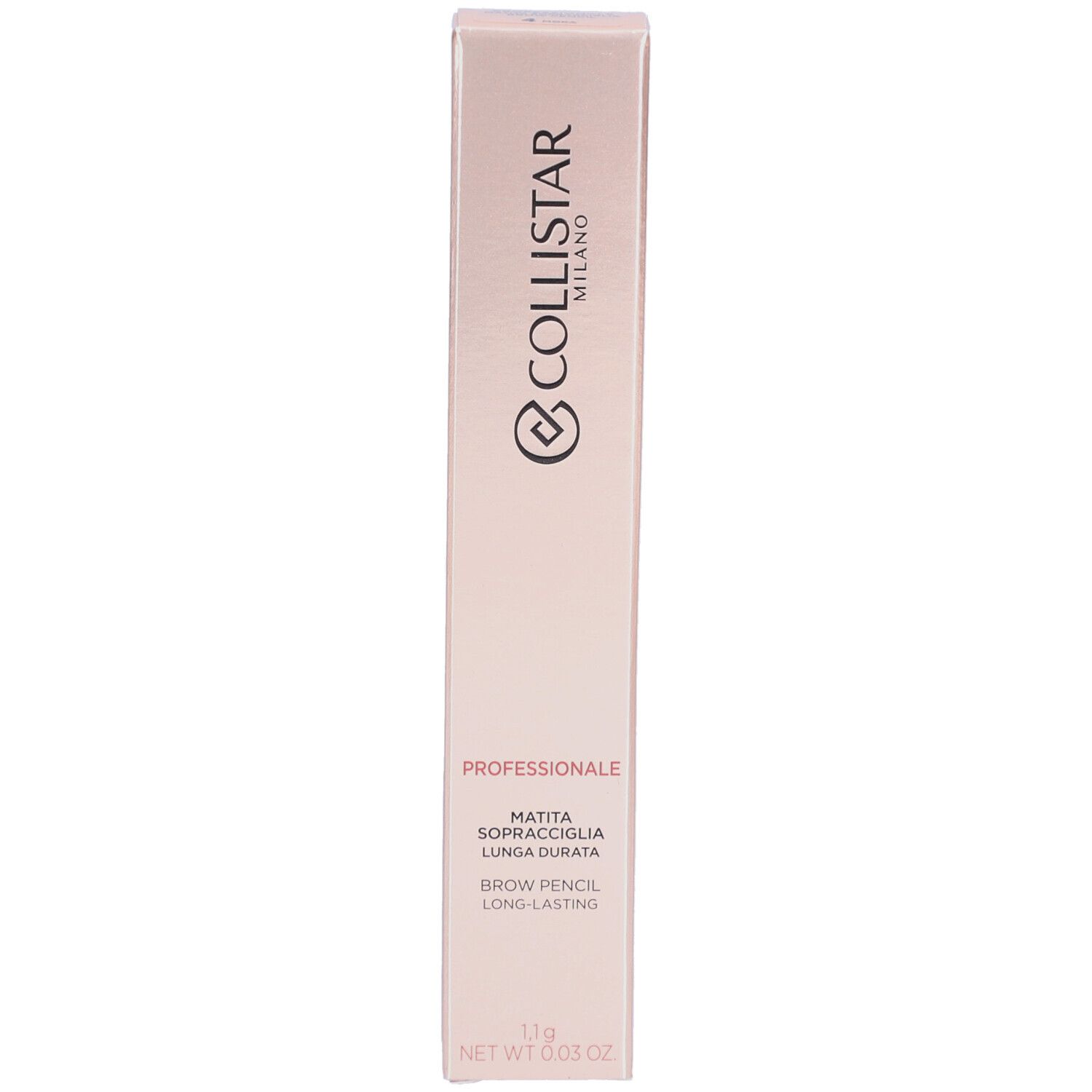 Confezione Collistar Professionale Brow Pencil. Scatola allungata rosa-oro. Testo: Brow Pencil, Long-lasting.