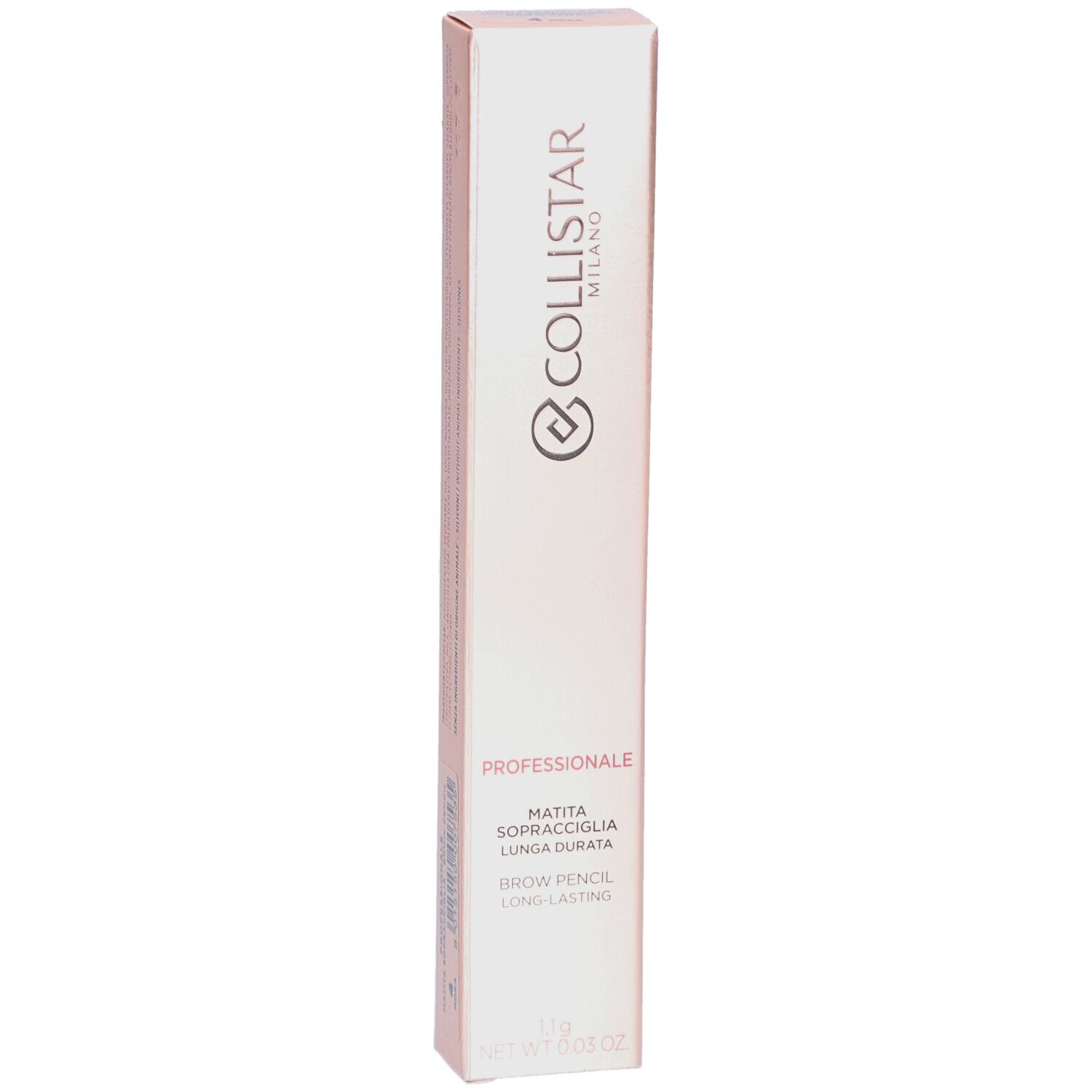 Confezione Collistar Professionale Brow Pencil. Scatola allungata rosa-oro. Testo: Brow Pencil, Long-lasting.