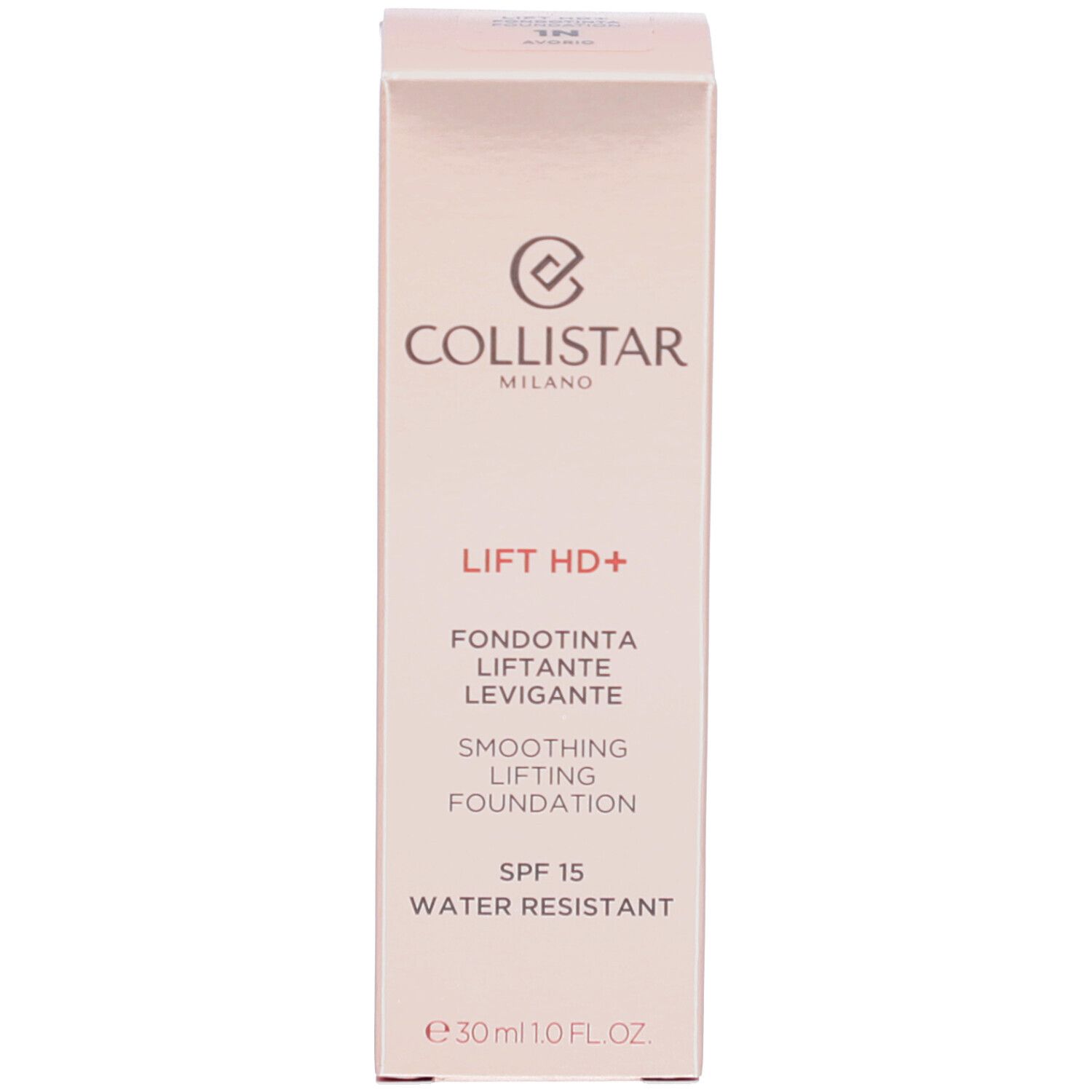 Confezione del fondotinta Collistar Lift HD+. Confezione rosa con nome del prodotto e SPF 15.
