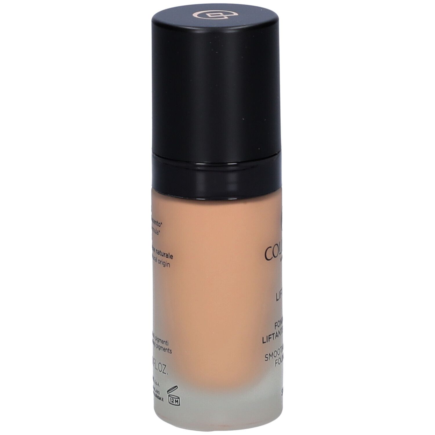 Fondotinta Collistar Lift HD+. Flacone di vetro, tappo nero. Vista laterale del prodotto.