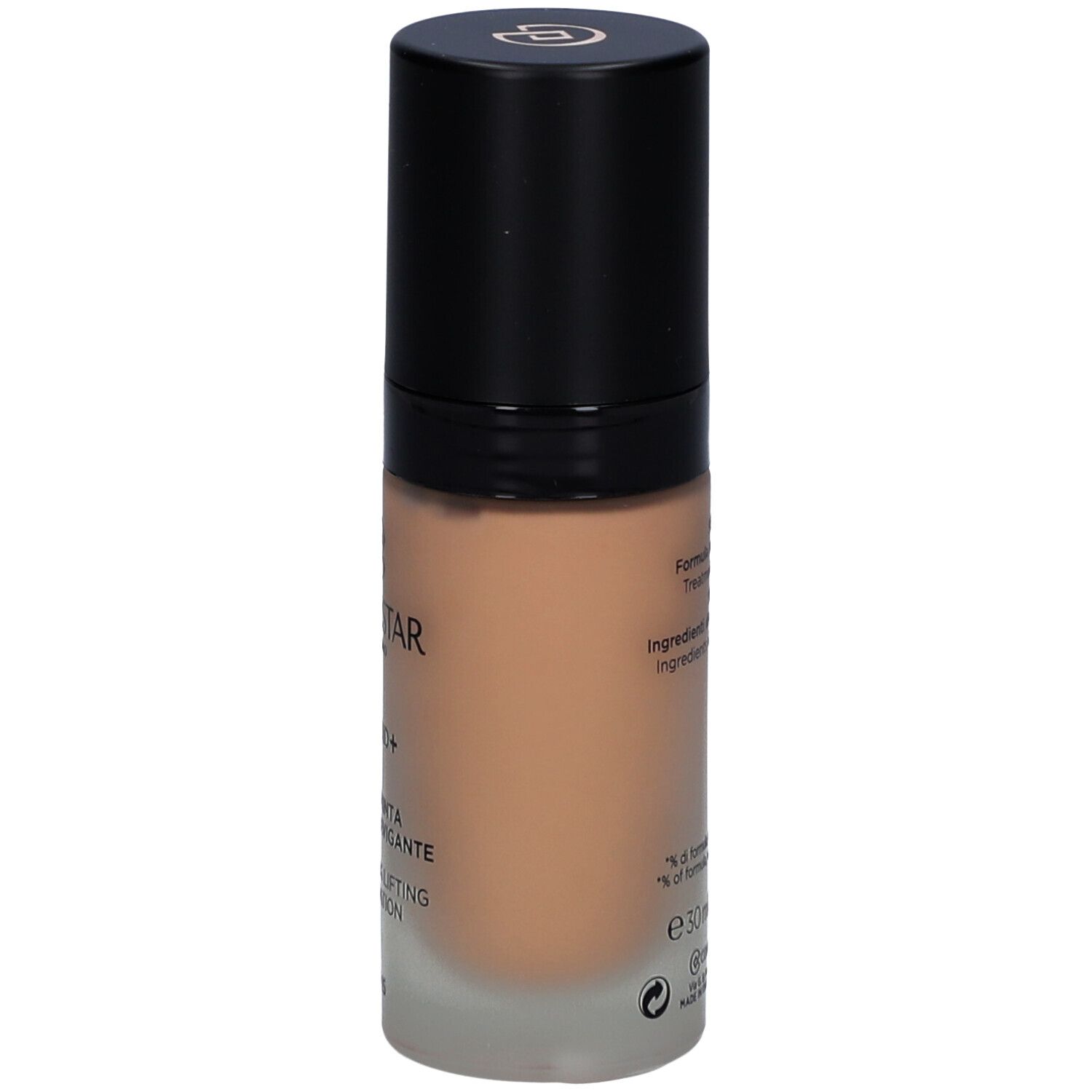 Fondotinta Collistar Lift HD+. Flacone di vetro, tappo nero. Vista laterale del prodotto.