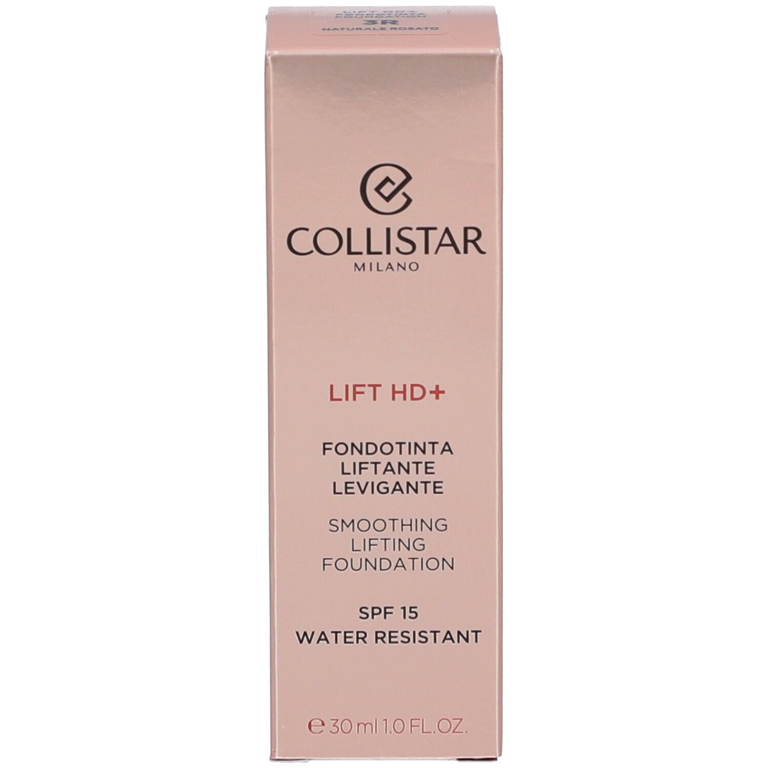 Confezione del fondotinta Collistar Lift HD+. Scatola rosa con informazioni. SPF 15, resistente all'acqua.