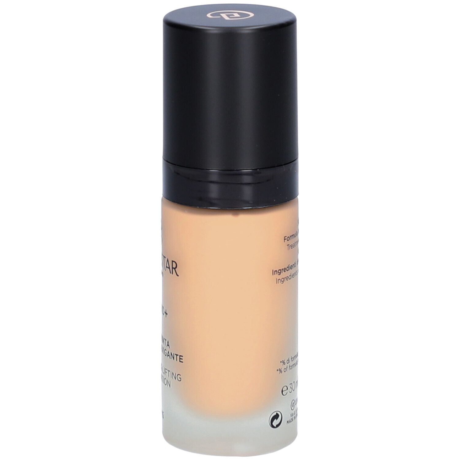 Flacone di fondotinta con tappo nero. Scritte: Collistar, Lift HD+, Fondotinta, 30ml.