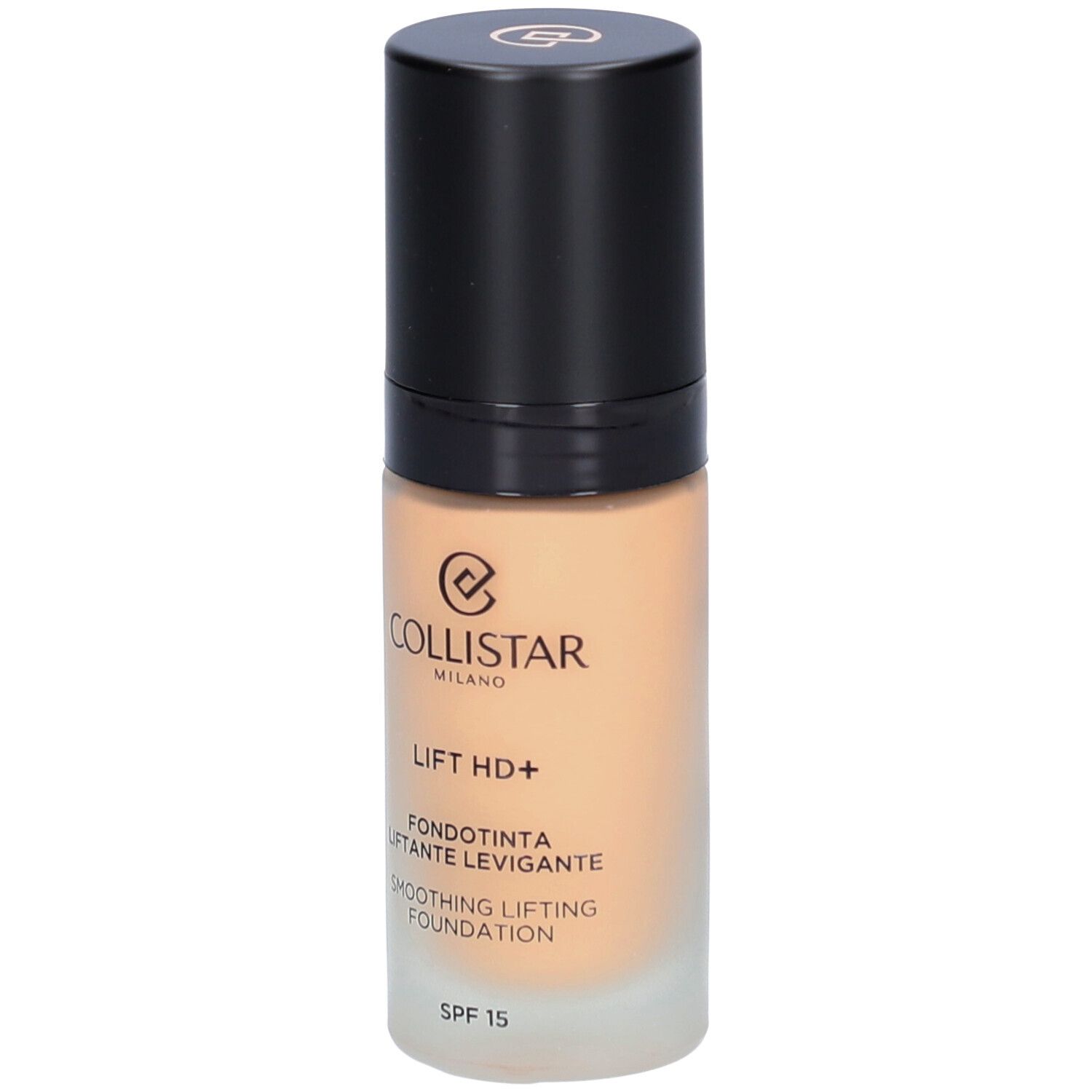 Flacone di fondotinta beige con tappo nero. Scritte: Collistar, Lift HD+, Fondotinta, SPF 15.
