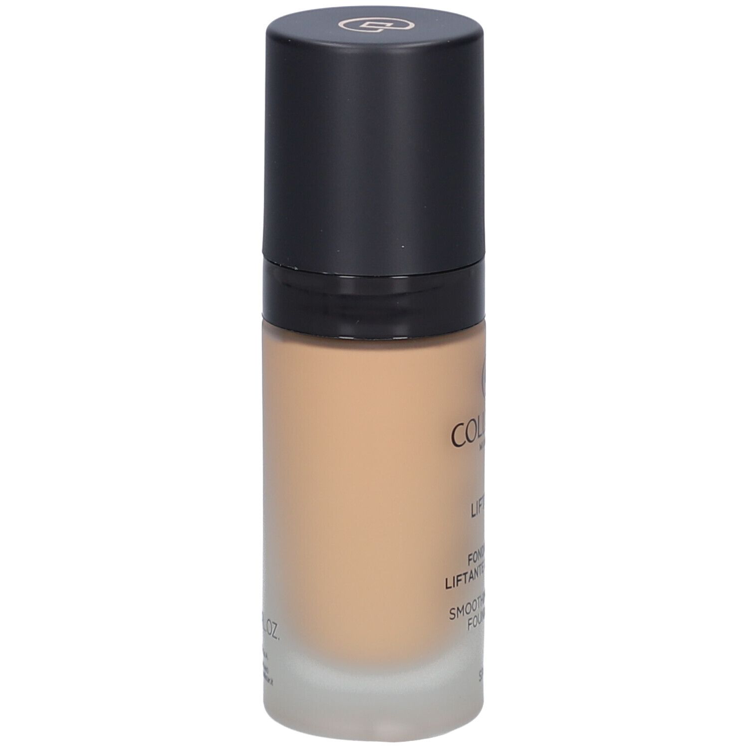 Flacone di fondotinta beige con tappo nero. Scritte: Collistar, Lift HD+, Smoothing Lifting Foundation.