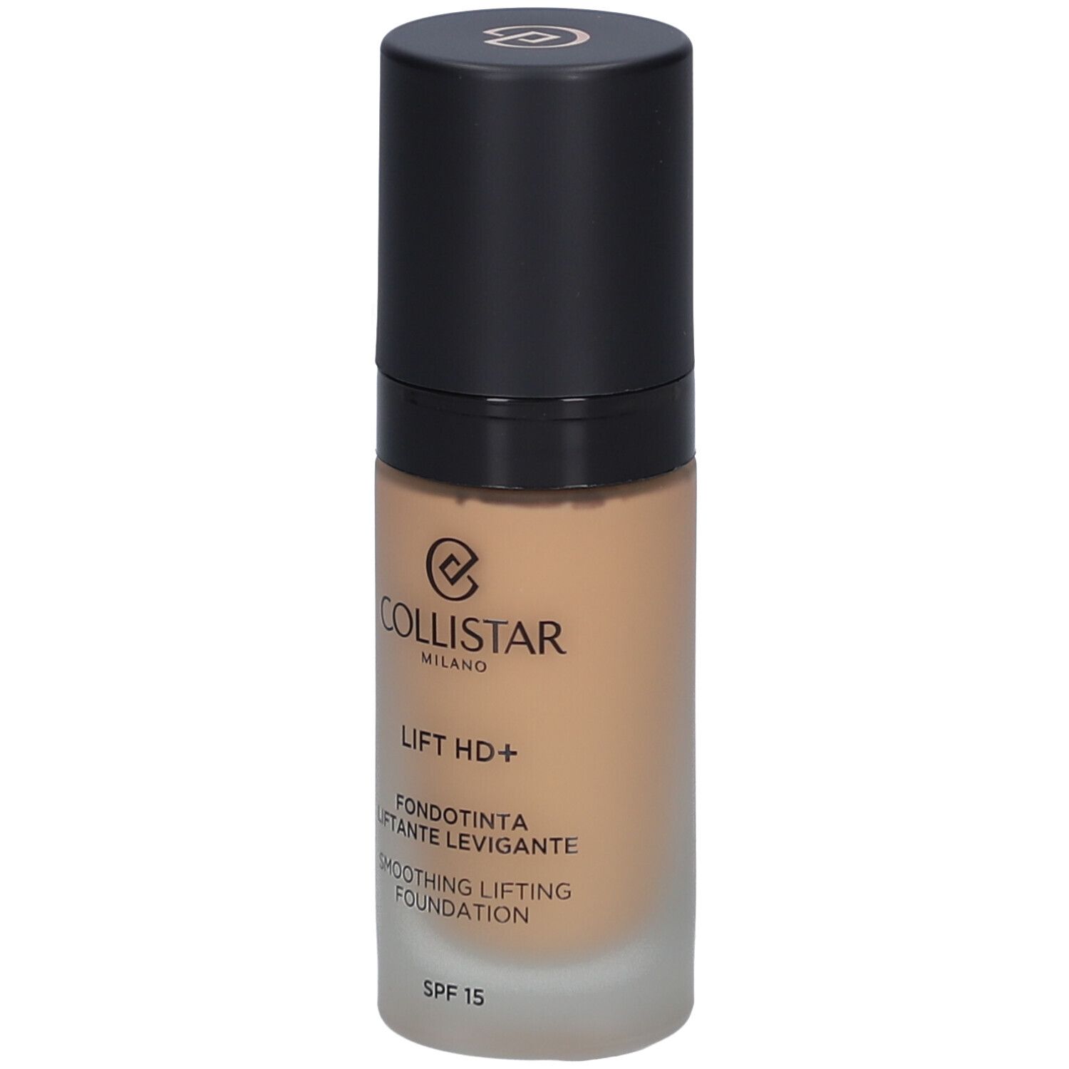 Flacone di fondotinta beige con tappo nero. Scritte: Collistar, Lift HD+, Smoothing Lifting Foundation, SPF 15.