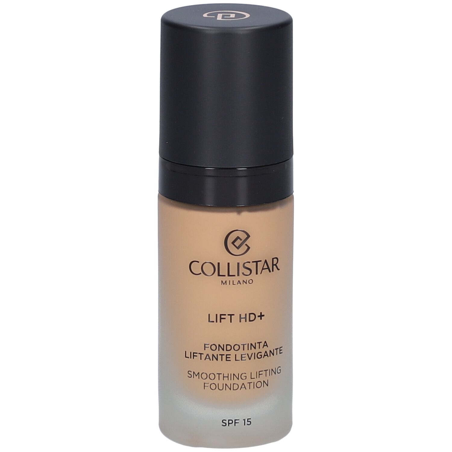 Flacone di fondotinta beige con tappo nero. Scritte: Collistar, Lift HD+, Smoothing Lifting Foundation, SPF 15.