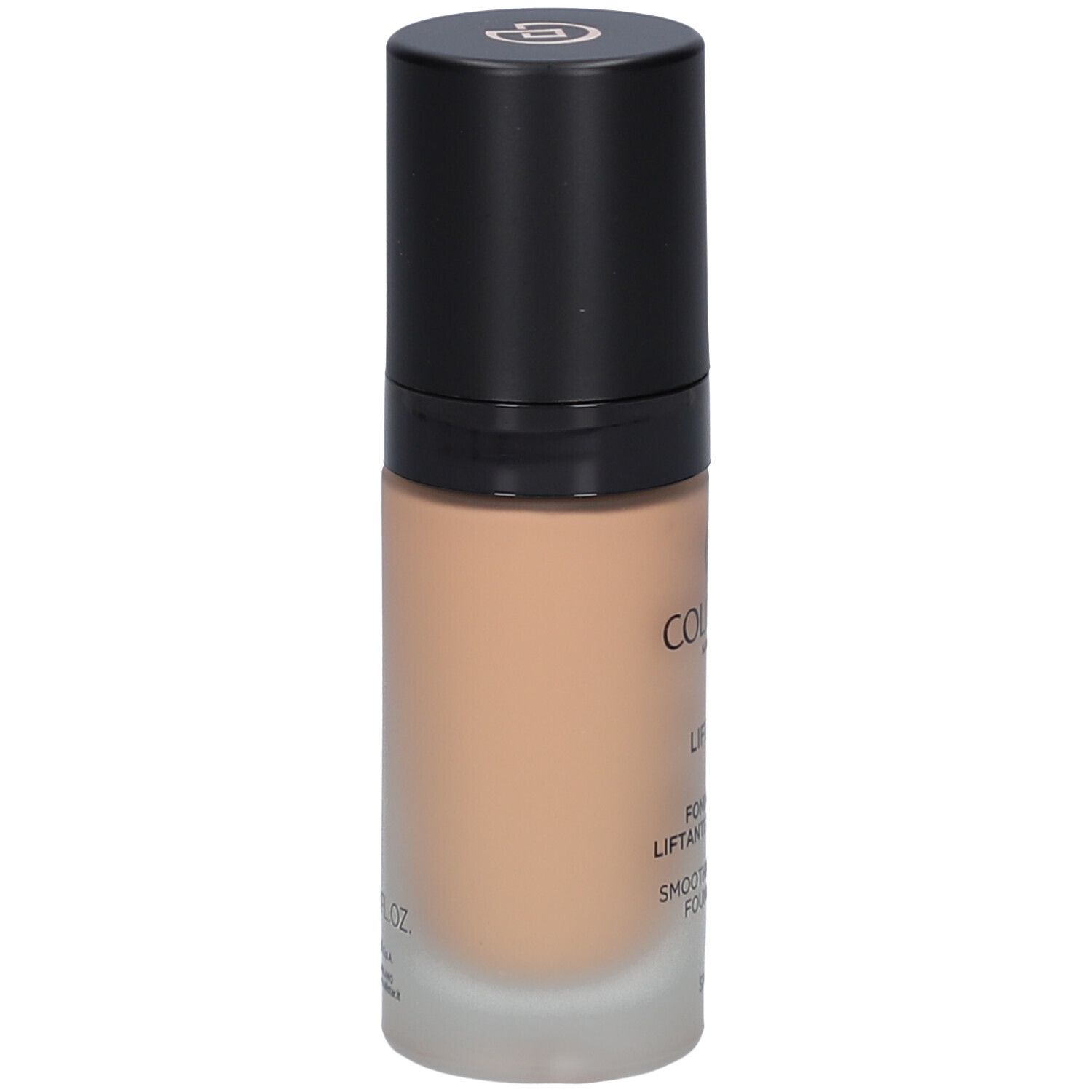 Flacone di fondotinta beige con tappo nero. Scritta: Collistar, Lift HD+, Smoothing Lifting Foundation.