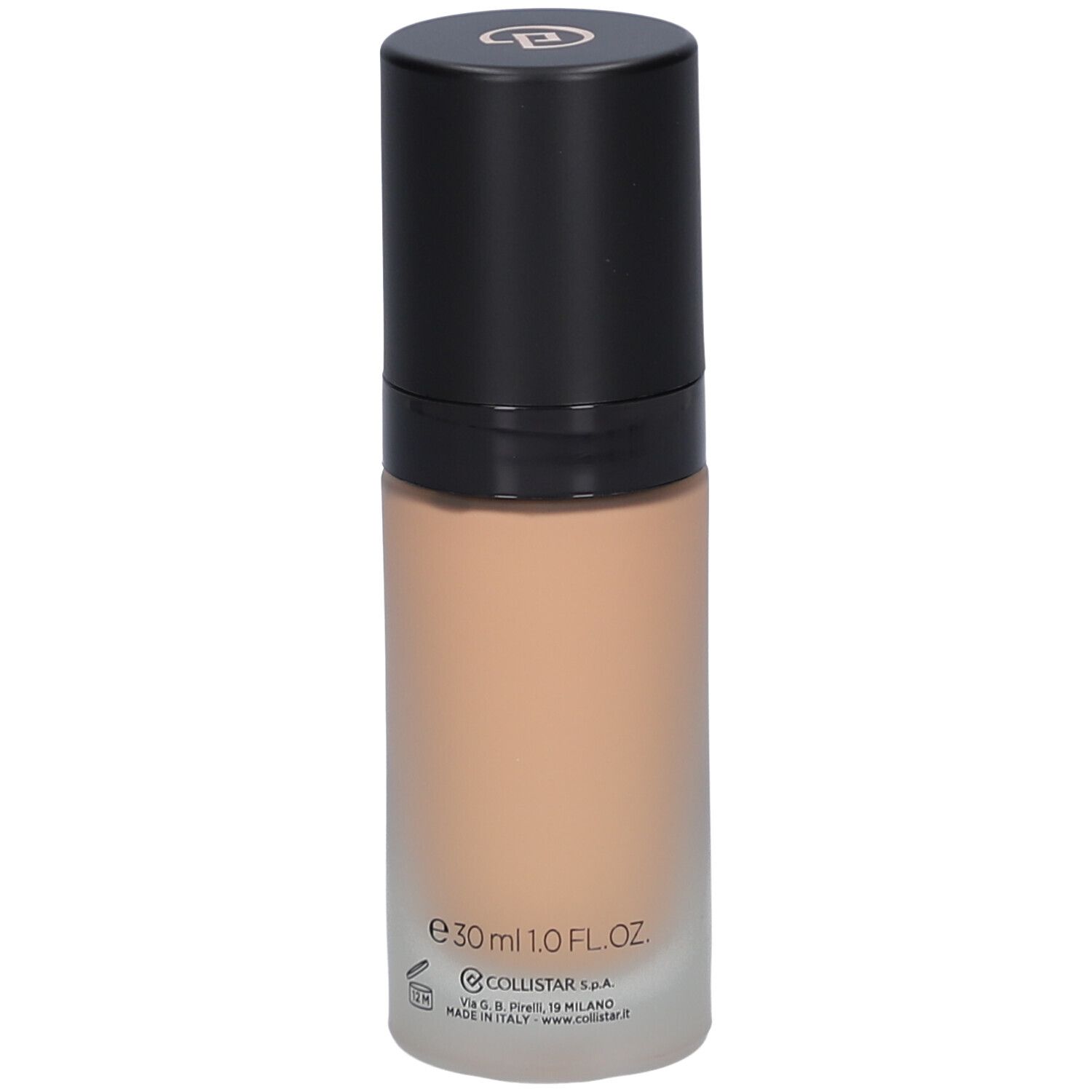 Flacone di fondotinta beige con tappo nero. Scritta: Collistar, Lift HD+, Smoothing Lifting Foundation, e30ml 1.0 FL.OZ.