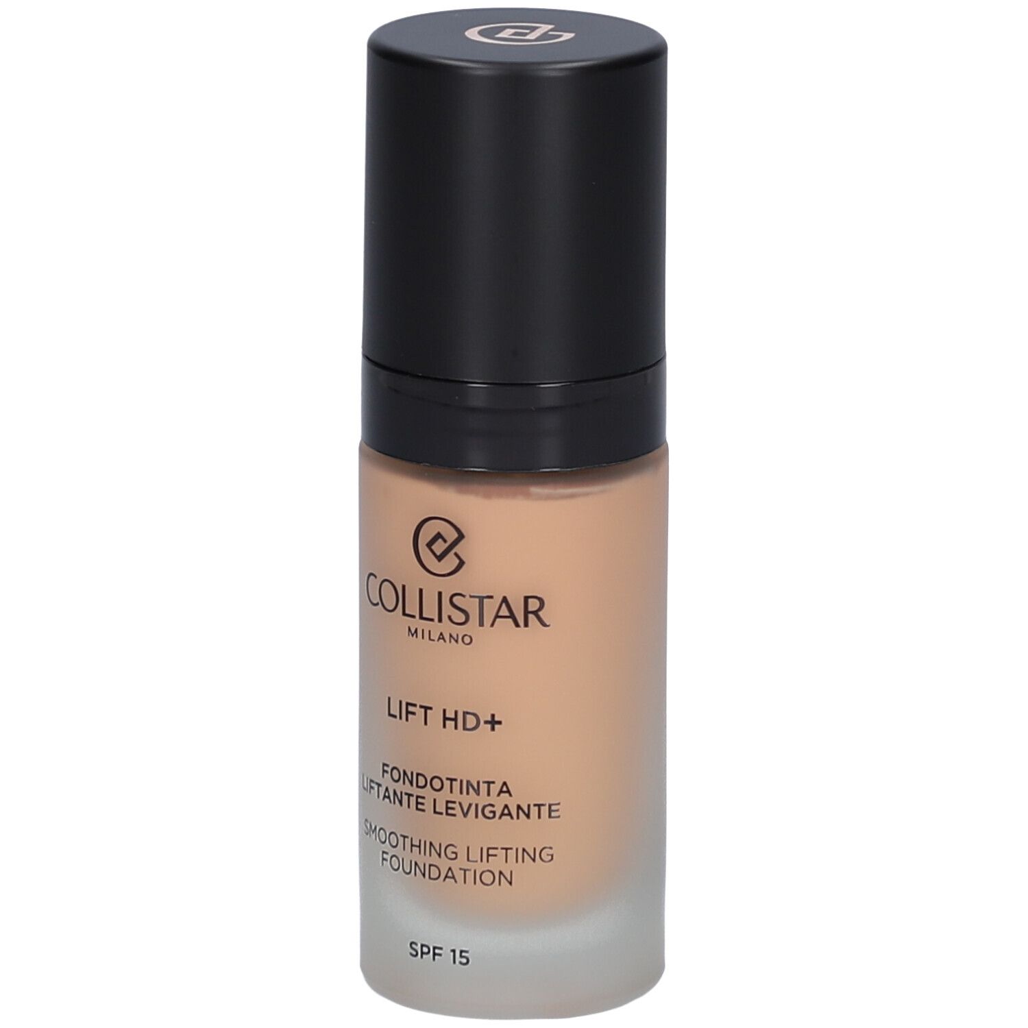 Flacone di fondotinta beige con tappo nero. Scritta: Collistar, Lift HD+, Smoothing Lifting Foundation, SPF 15.