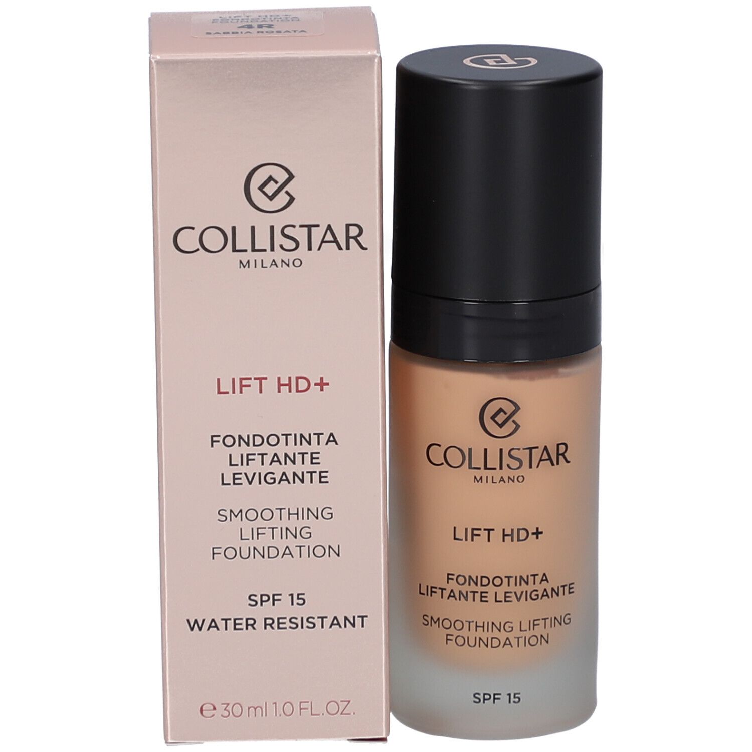 Flacone di fondotinta e scatola. Scritta: Collistar, Lift HD+, Smoothing Lifting Foundation, SPF 15, Water Resistant.