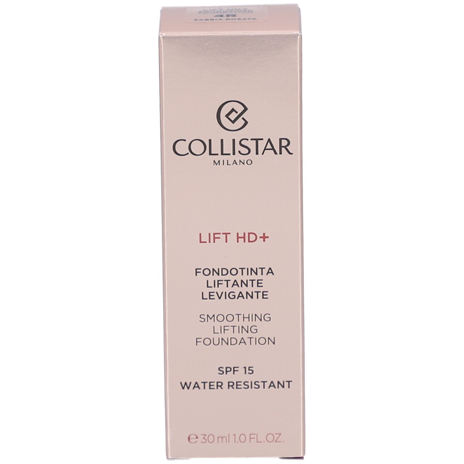 Scatola con scritta: Collistar, Lift HD+, Smoothing Lifting Foundation, SPF 15, Water Resistant.