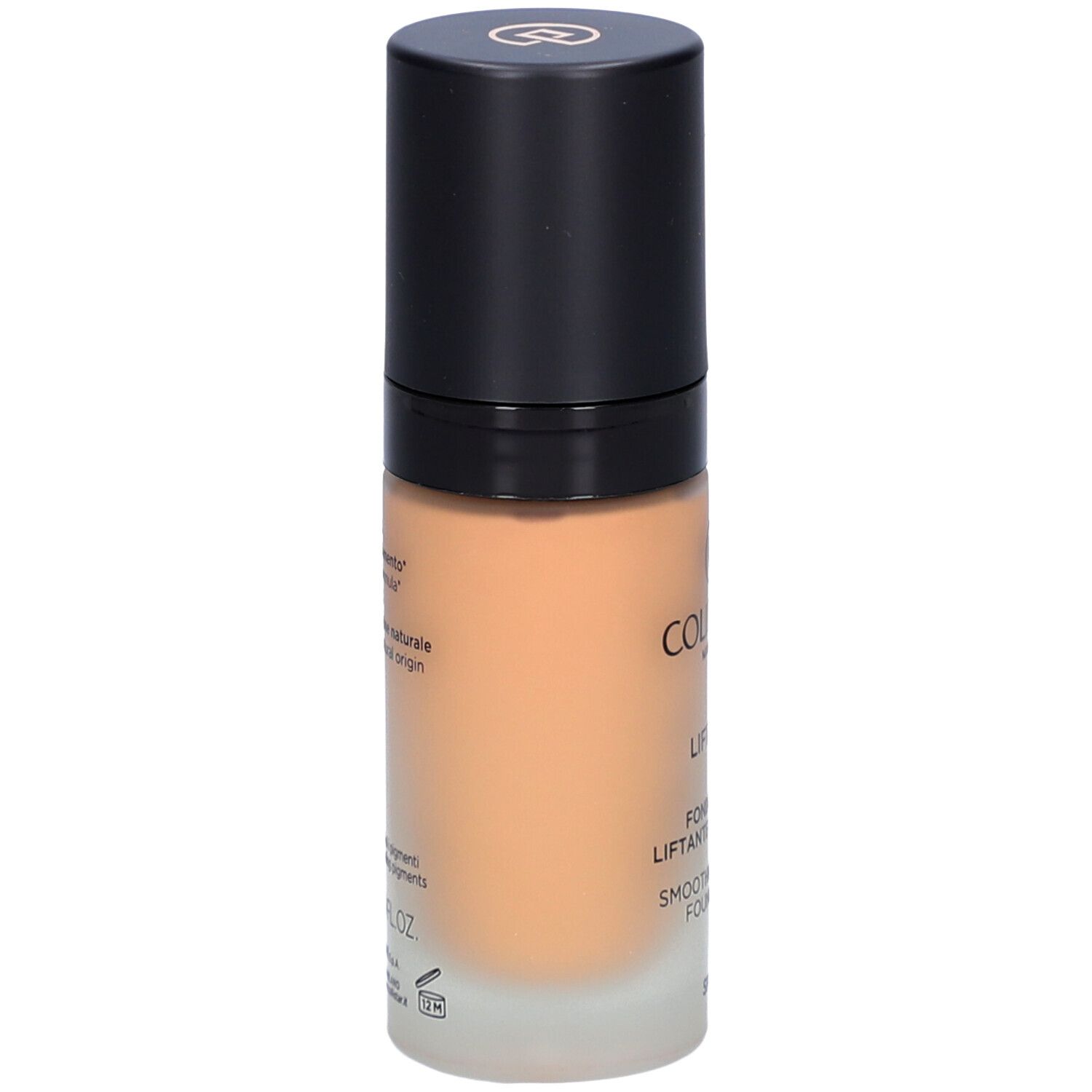 Flacone di fondotinta, retro. Scritta: Collistar, ingredienti, 30 ml, 1.0 FL.OZ.