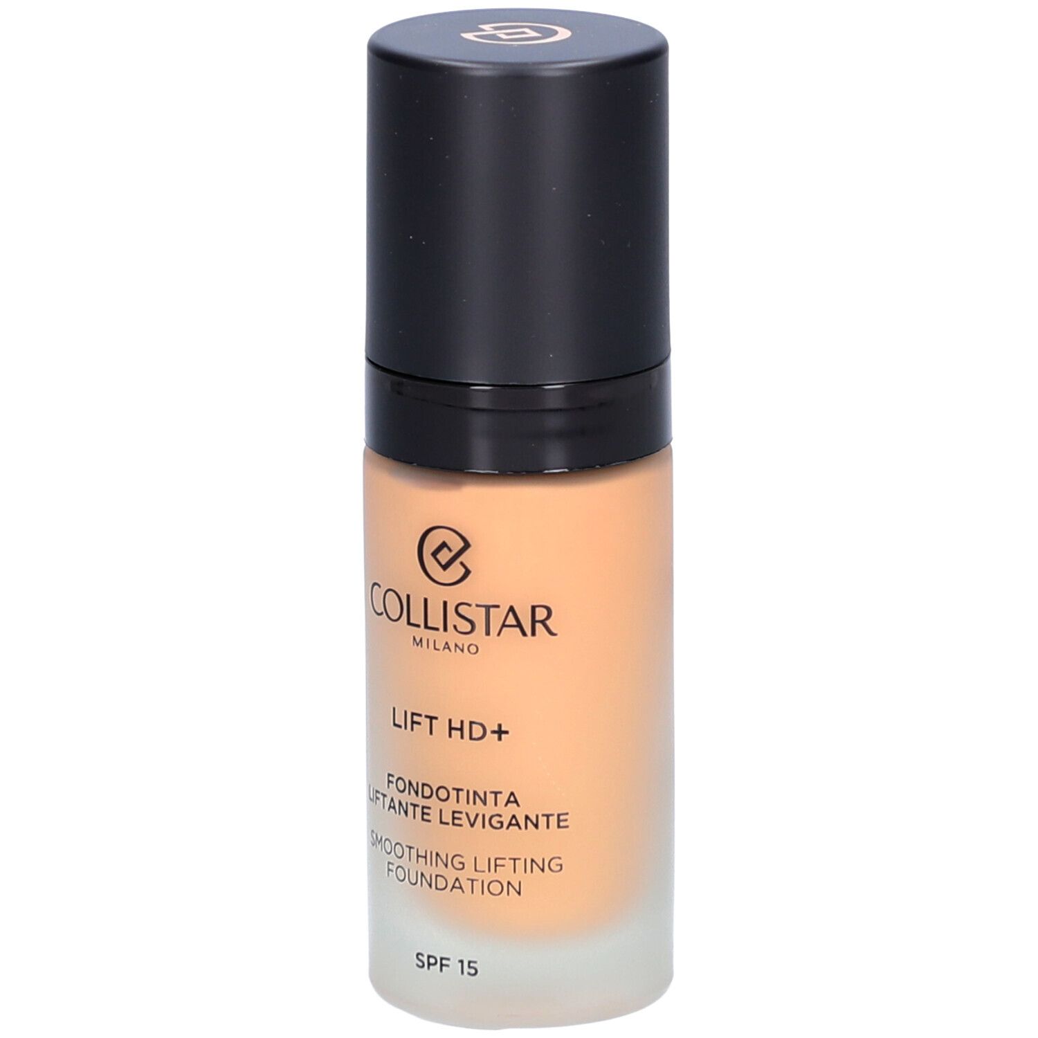 Flacone di fondotinta con tappo nero. Scritta: Collistar, Lift HD+, Smoothing Lifting Foundation, SPF 15.