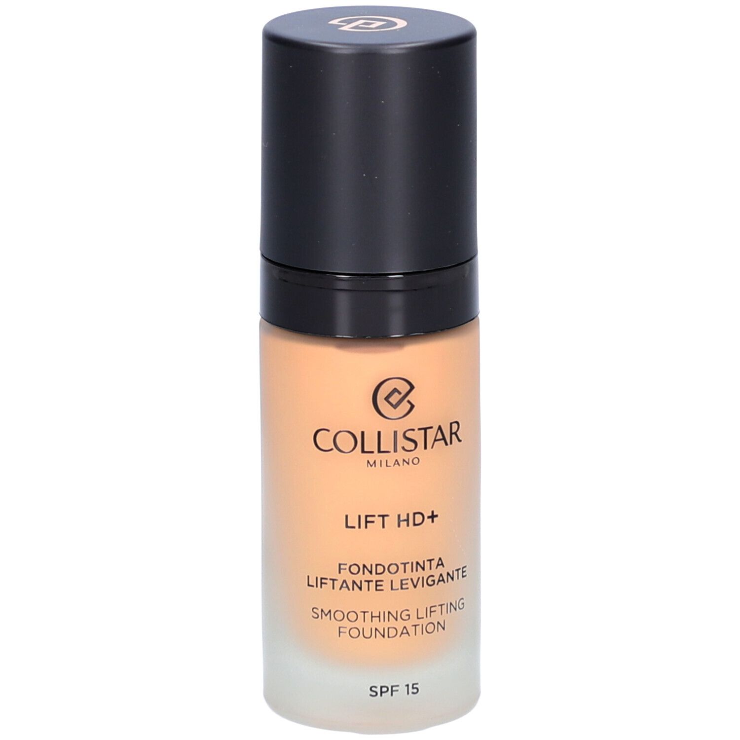 Flacone di fondotinta con tappo nero. Scritta: Collistar, Lift HD+, Smoothing Lifting Foundation, SPF 15.