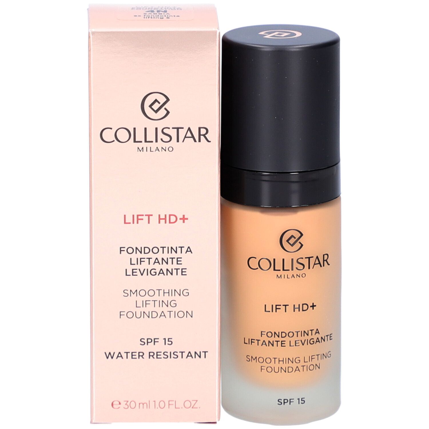 Flacone di fondotinta e confezione. Scritta: Collistar, Lift HD+, Smoothing Lifting Foundation, SPF 15, Water Resistant.