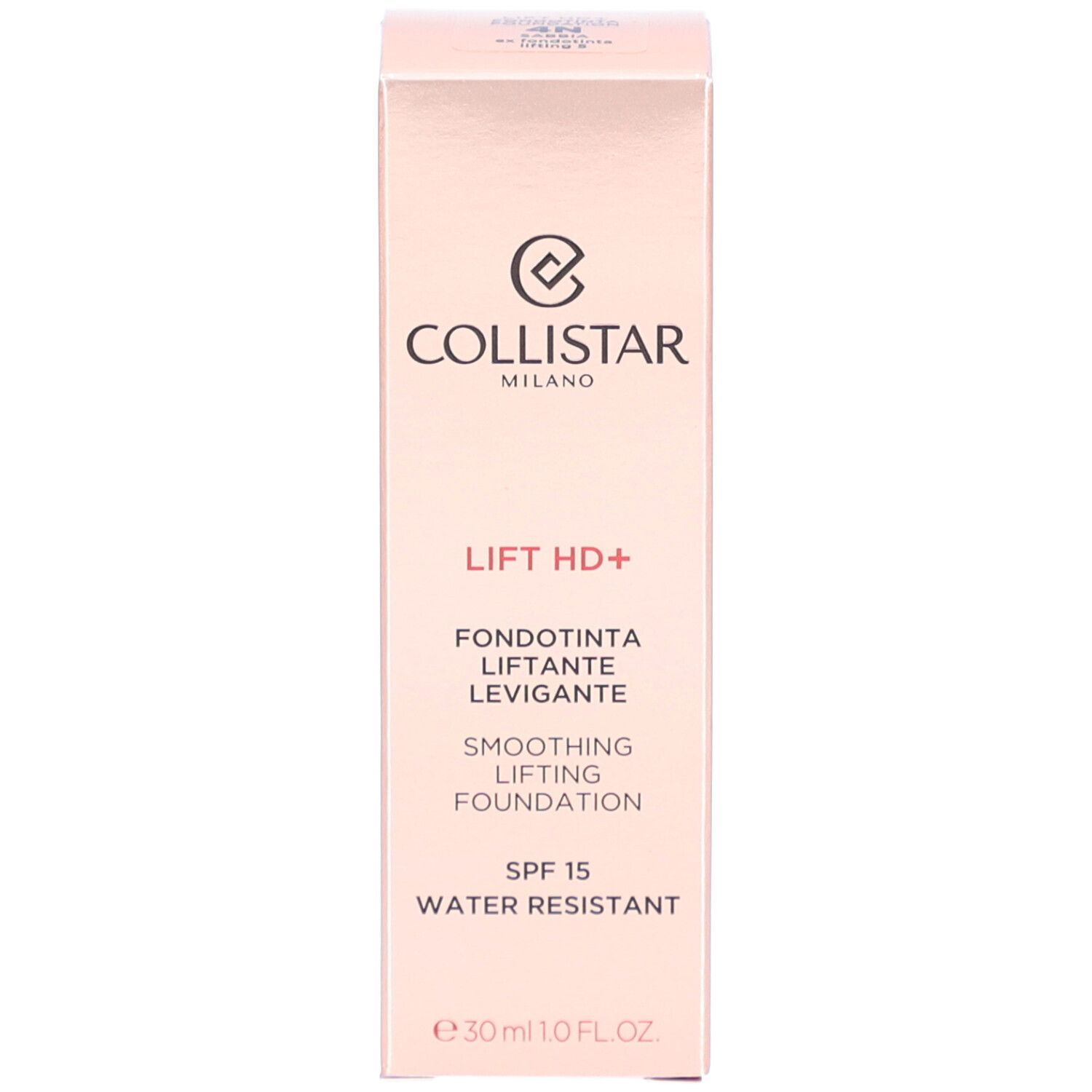 Confezione. Scritta: Collistar, Lift HD+, Smoothing Lifting Foundation, SPF 15, Water Resistant.