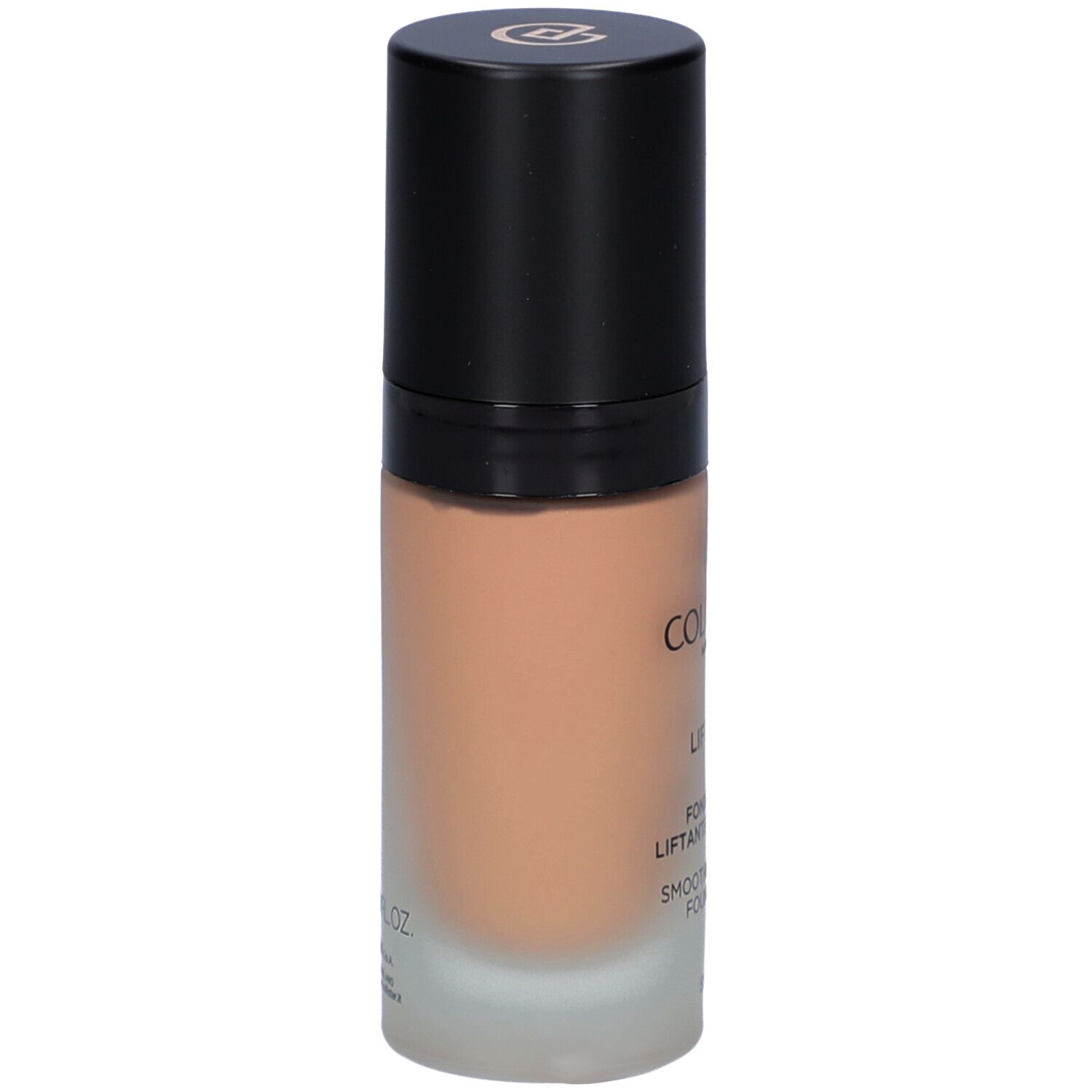 Flacone di fondotinta beige con tappo nero. Scritta: Collistar, Lift HD+, Smoothing Lifting Foundation.