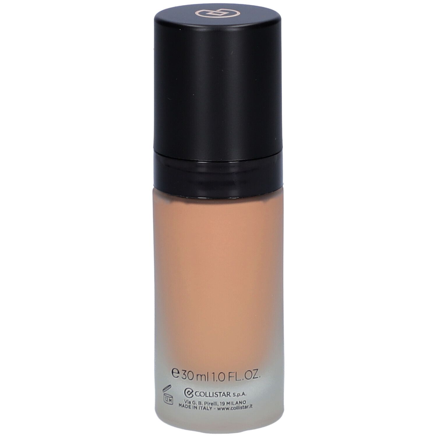 Flacone di fondotinta beige con tappo nero. Scritta: Collistar, Lift HD+, Smoothing Lifting Foundation, 30ml 1.0 FL.OZ.