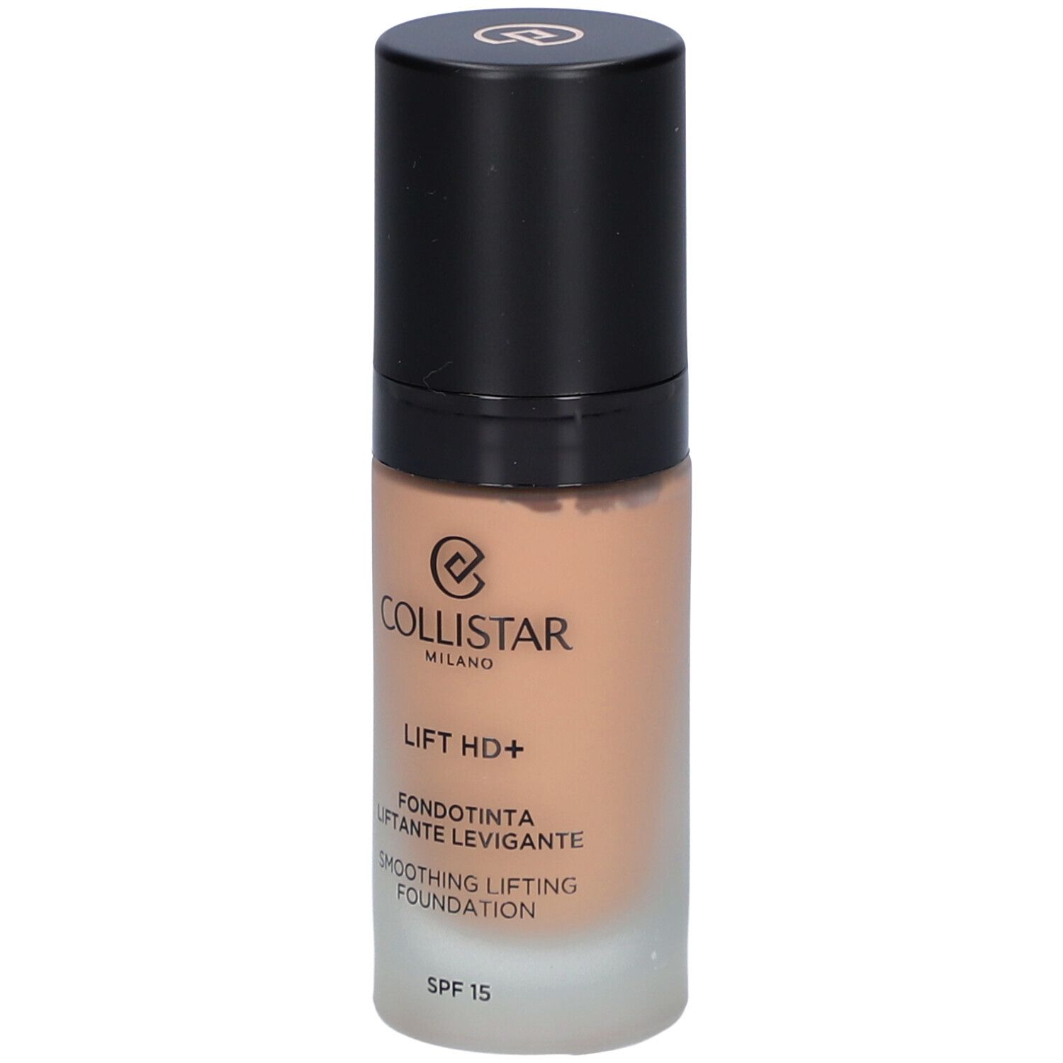 Flacone di fondotinta beige con tappo nero. Scritta: Collistar, Lift HD+, Smoothing Lifting Foundation, SPF 15.