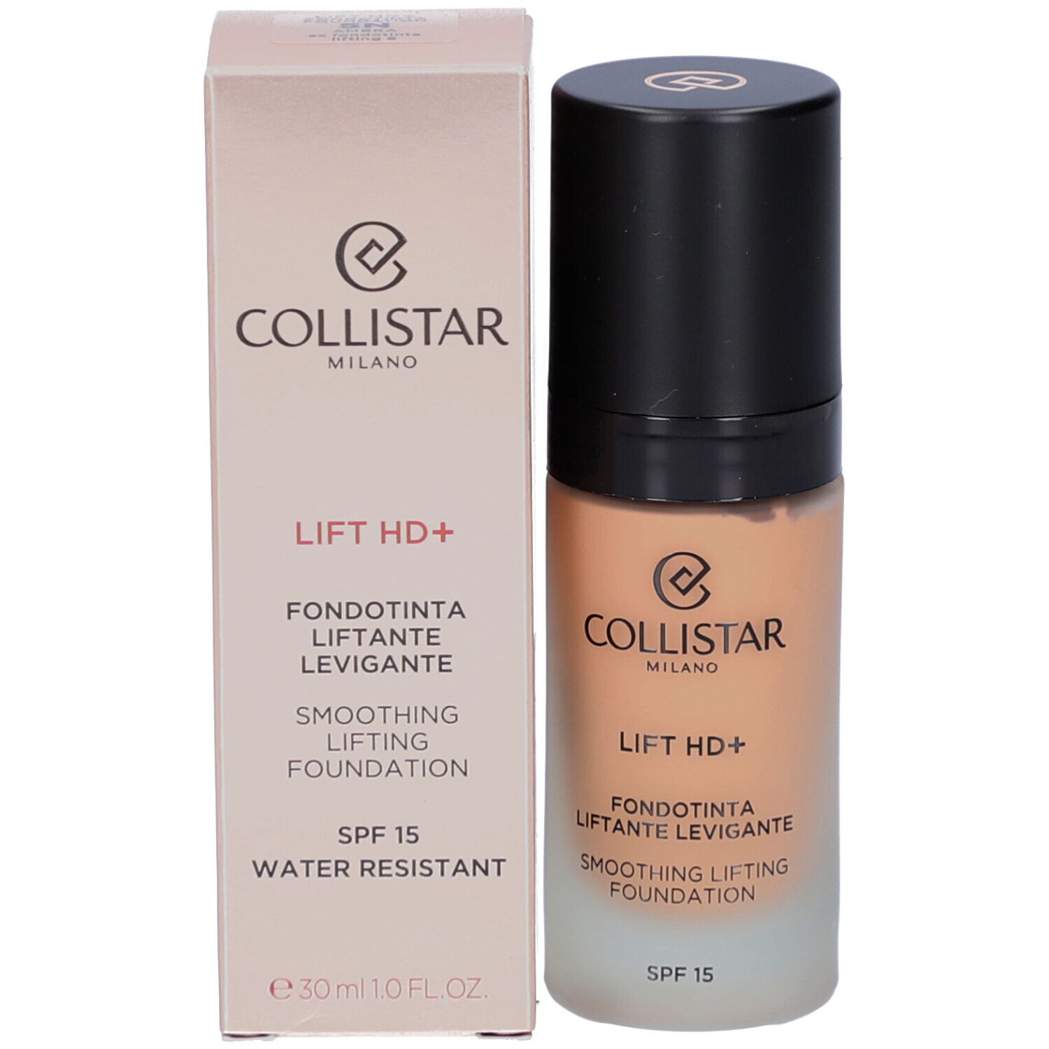 Flacone di fondotinta e confezione. Scritta: Collistar, Lift HD+, Smoothing Lifting Foundation, SPF 15, Water Resistant, 30ml.