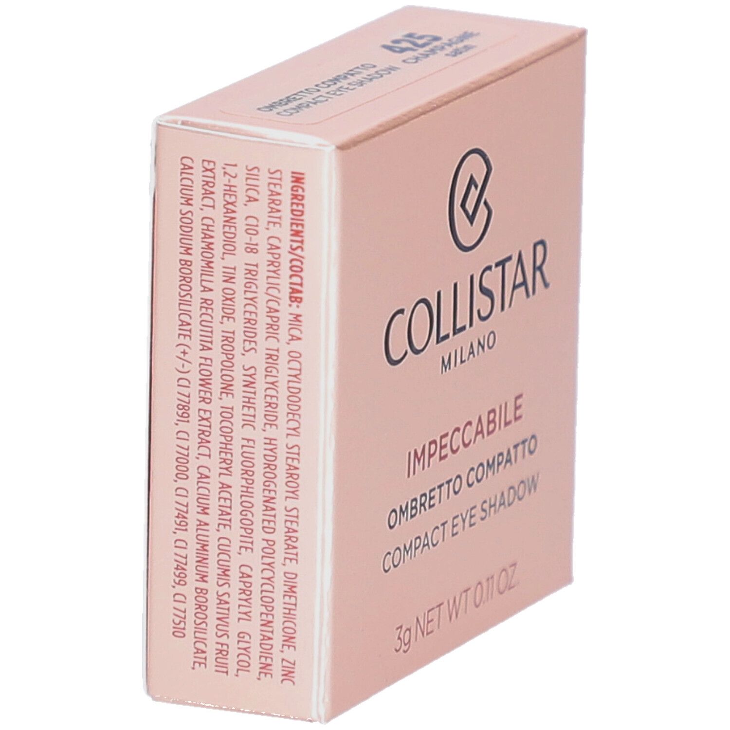 Scatola rosa con ombretto. Marchio: Collistar. Testo: Impeccabile Compact Eyeshadow. Ingredienti e informazioni visibili.