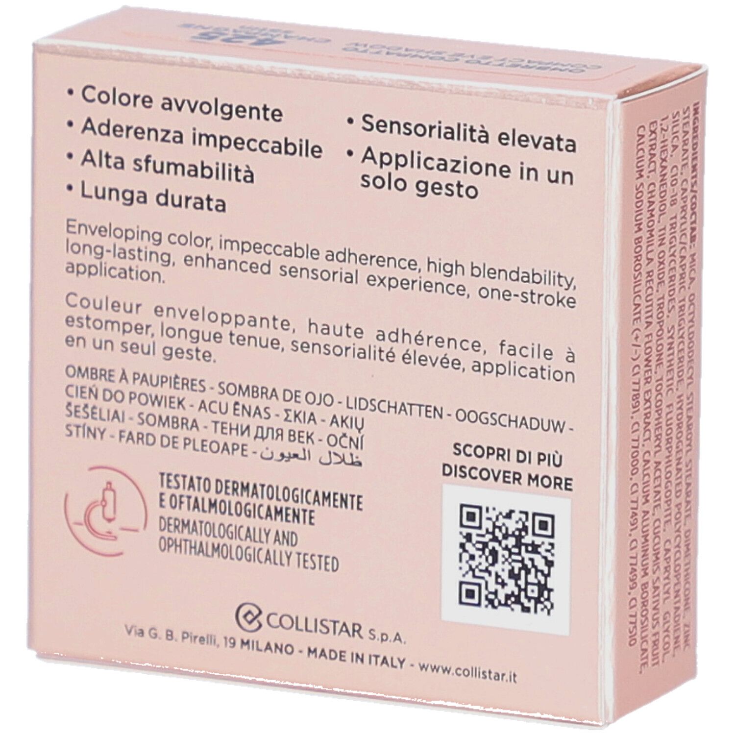 Retro della confezione rosa dell'ombretto. Testo: Caratteristiche, ingredienti, testato dermatologicamente e oftalmologicamente.