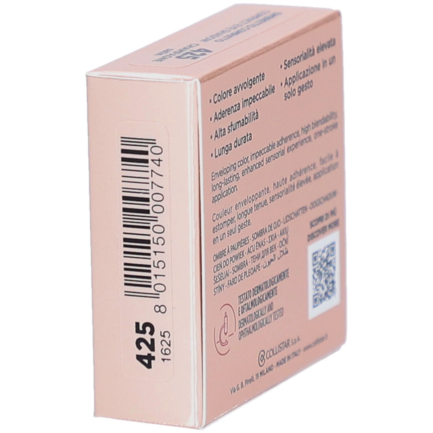 Confezione ombretto rosa. Testo: Caratteristiche, testato dermatologicamente e oftalmologicamente. Codice colore: 425.