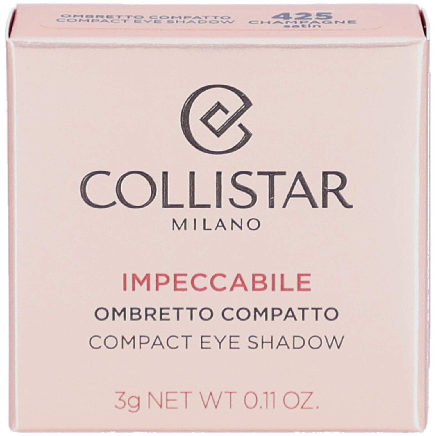 Ombretto compatto in confezione rosa. Marchio: Collistar. Testo: Impeccabile Compact Eyeshadow. Colore: 425 Champagne Satin.
