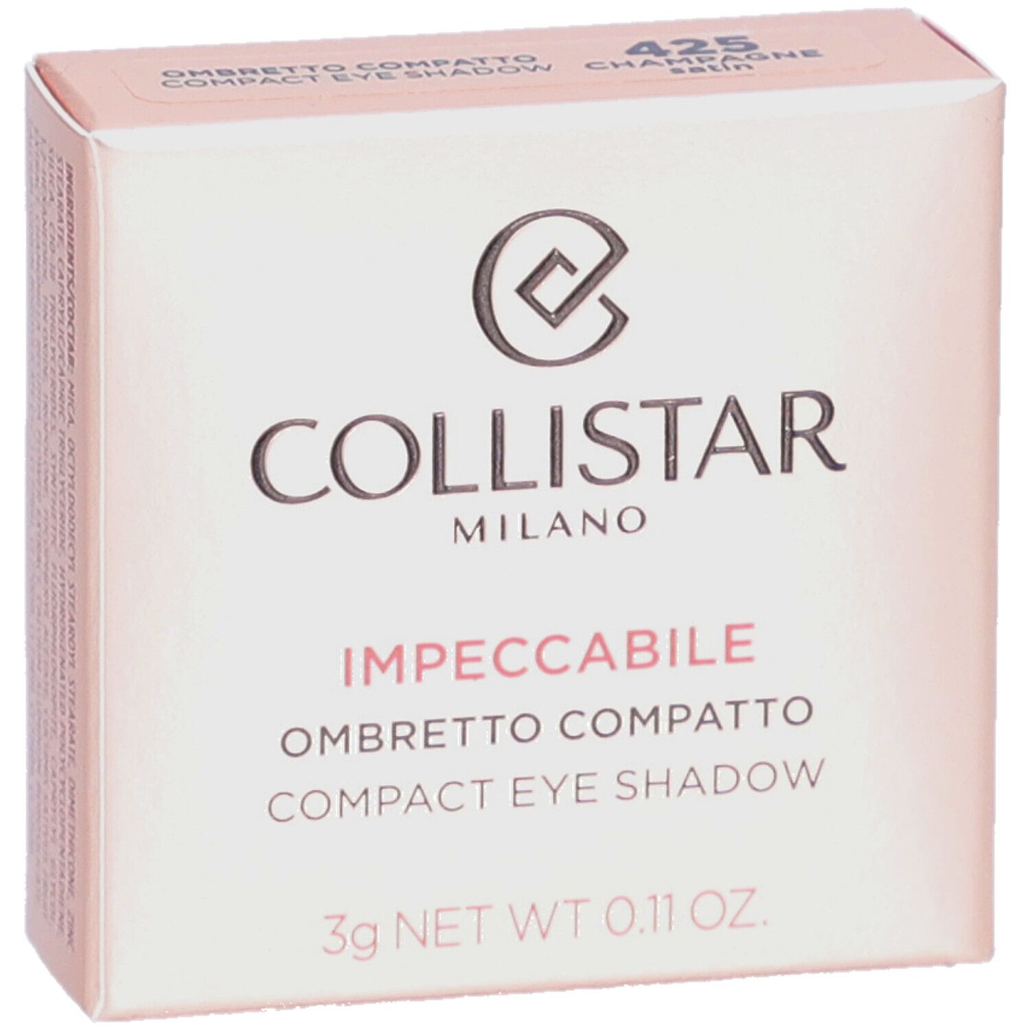 Ombretto compatto in confezione rosa. Marchio: Collistar. Testo: Impeccabile Compact Eyeshadow. Colore: 425 Champagne Satin.