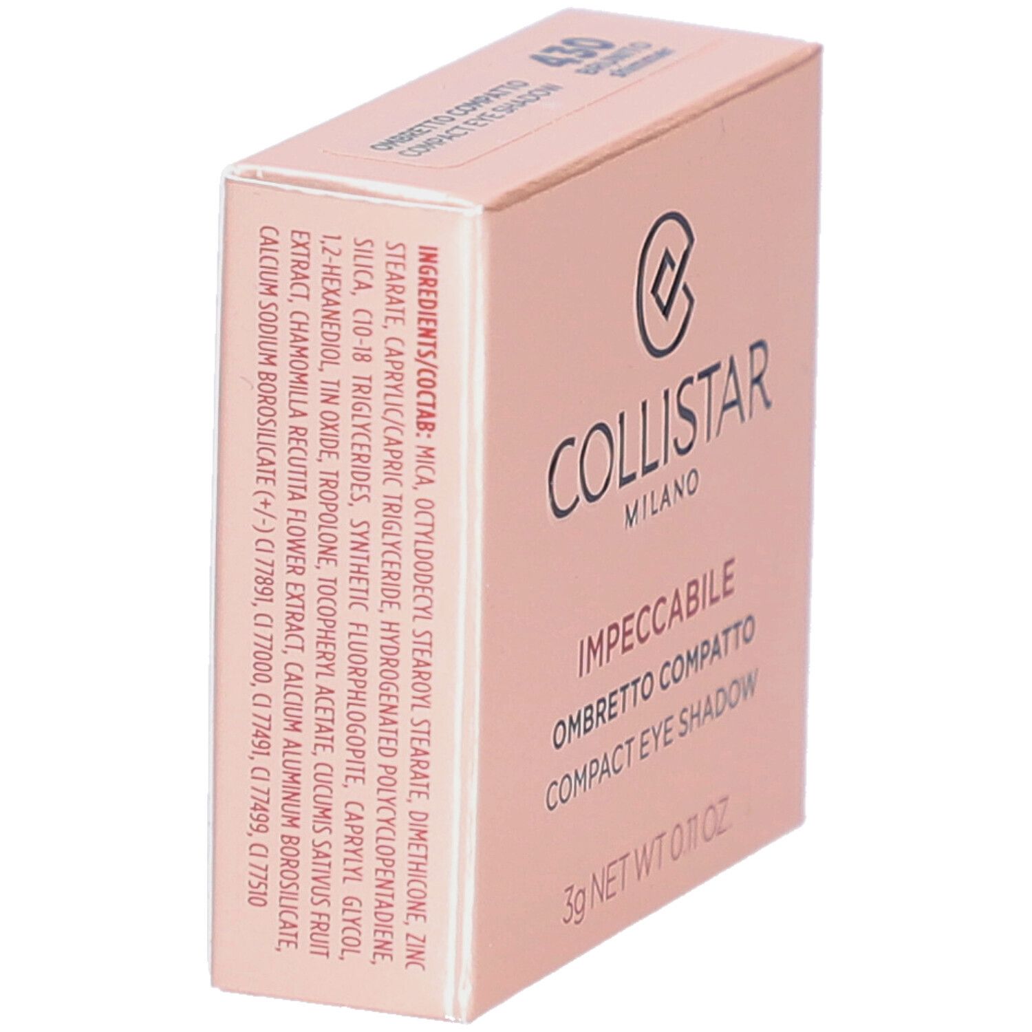Confezione rosa con ingredienti. Marchio Collistar, scritta Impeccabile. Tonalità 430 Brunito Shimmer.