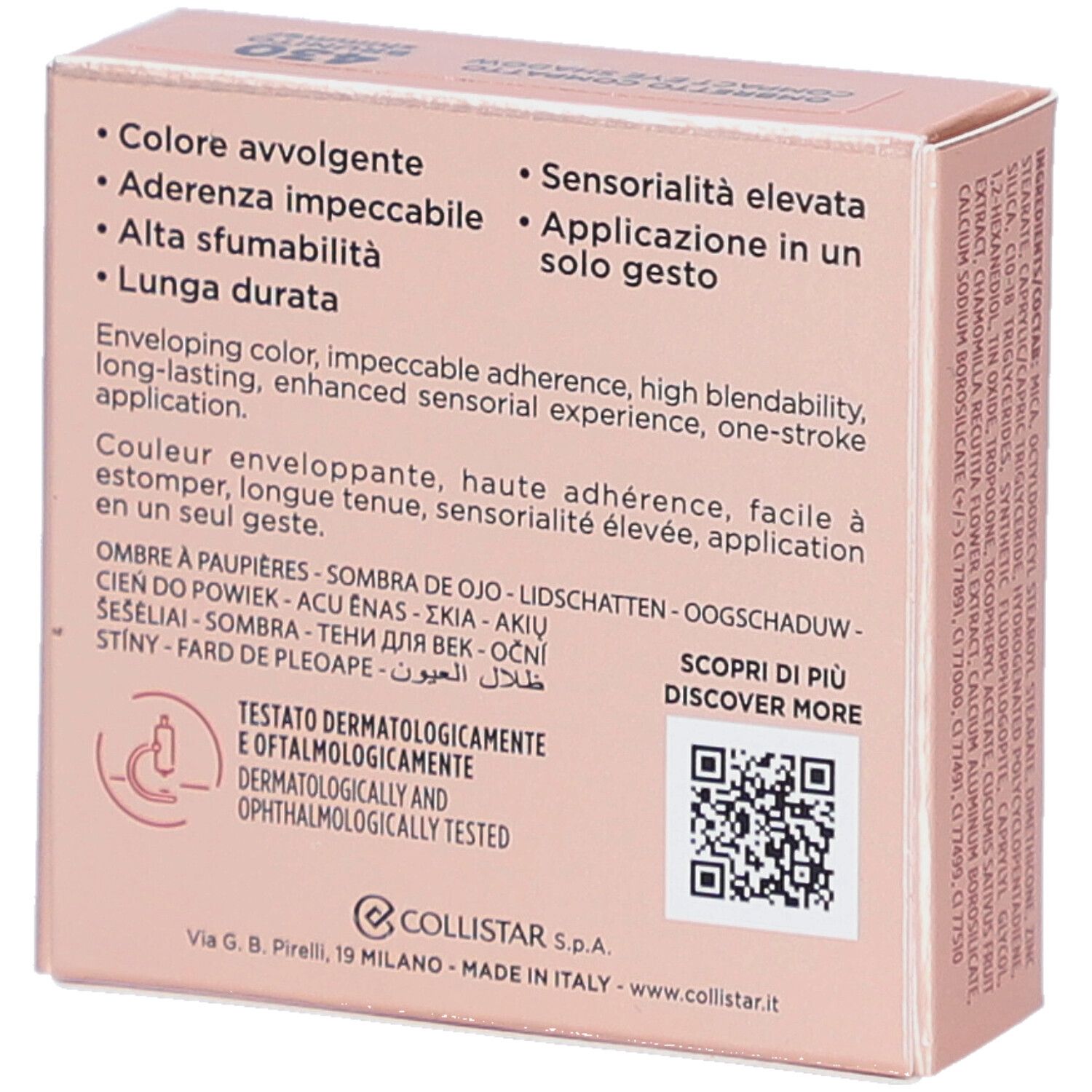 Retro della confezione rosa. Testo multilingue. Marchio Collistar. Dermatologicamente e oftalmologicamente testato.