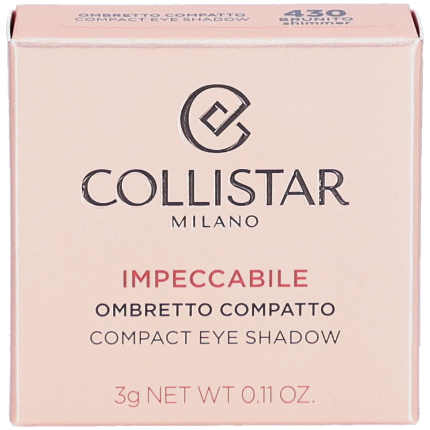 Ombretto compatto Collistar, confezione rosa. Scritta Impeccabile. Tonalità 430 Brunito Shimmer.