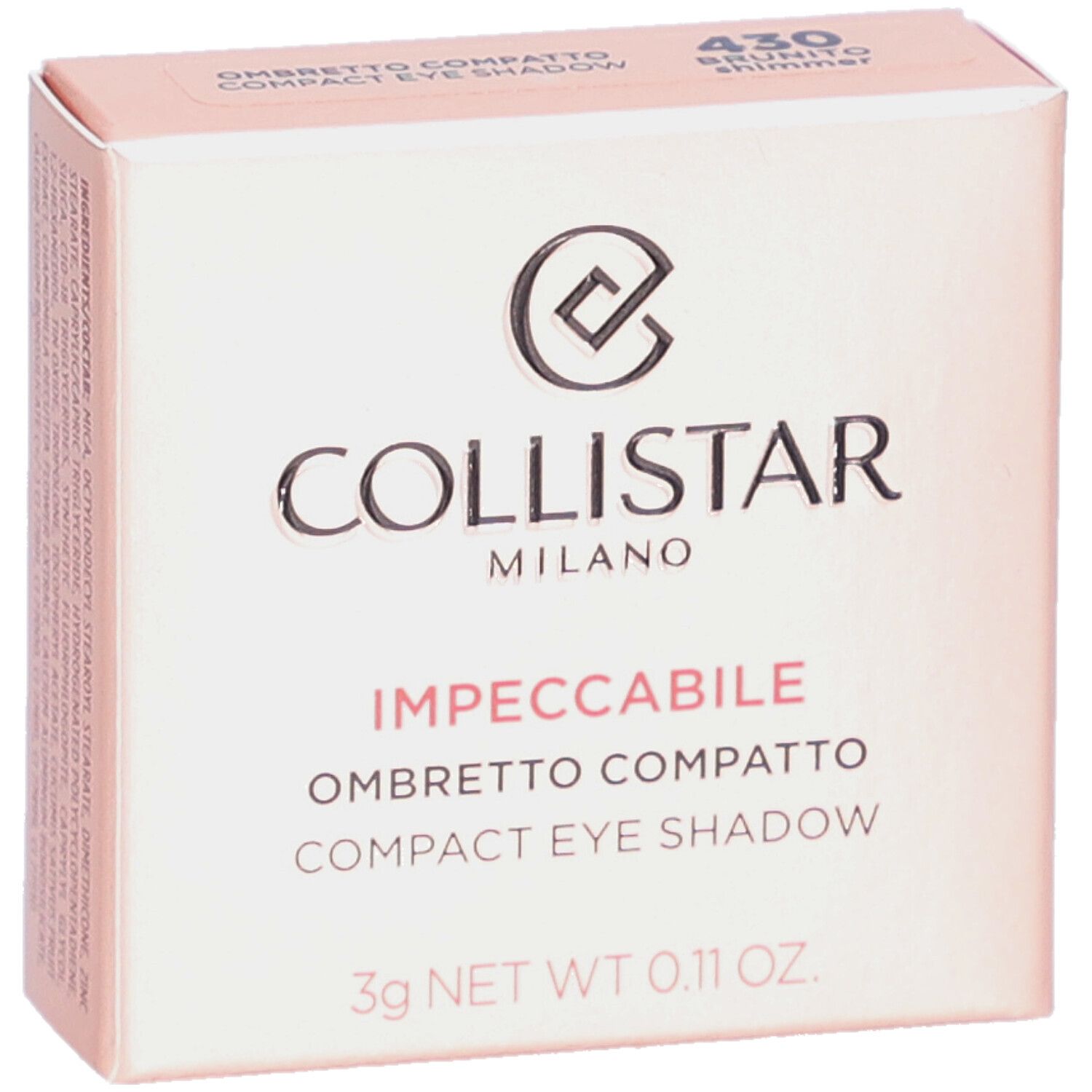 Ombretto compatto Collistar, confezione rosa. Scritta Impeccabile. Tonalità 430 Brunito Shimmer.
