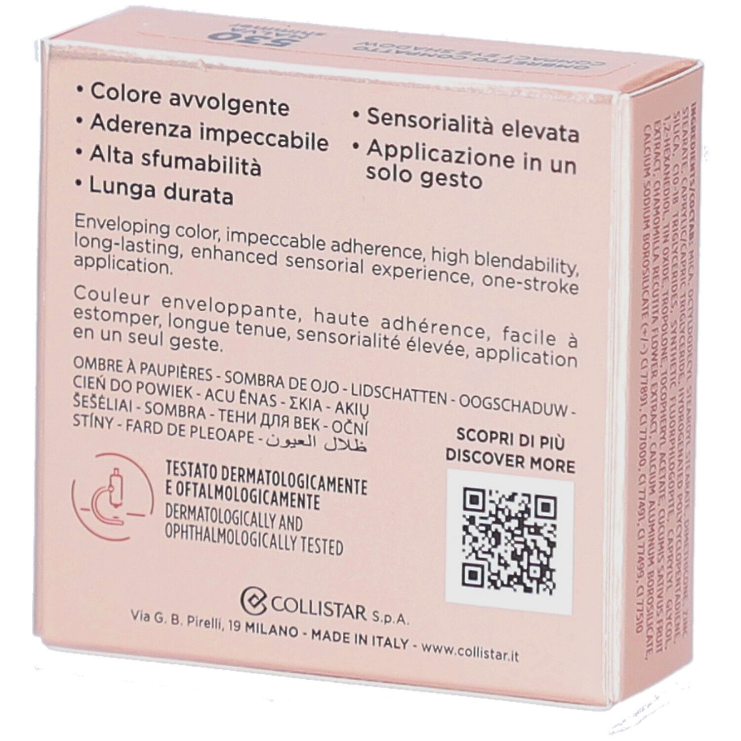 Retro della confezione ombretto. Marchio Collistar. Testo con vantaggi e codice QR.