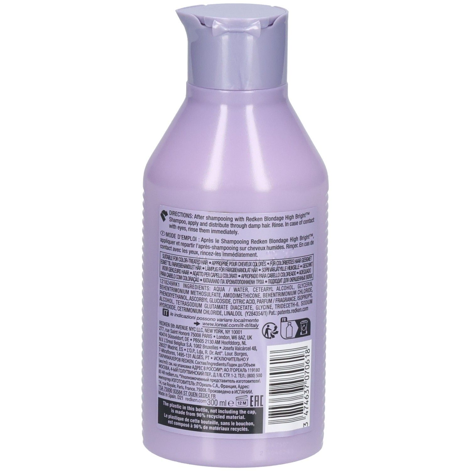 Retro del flacone di Redken Blondage High Bright Conditioner. Contiene testo e codice a barre. Lilla.
