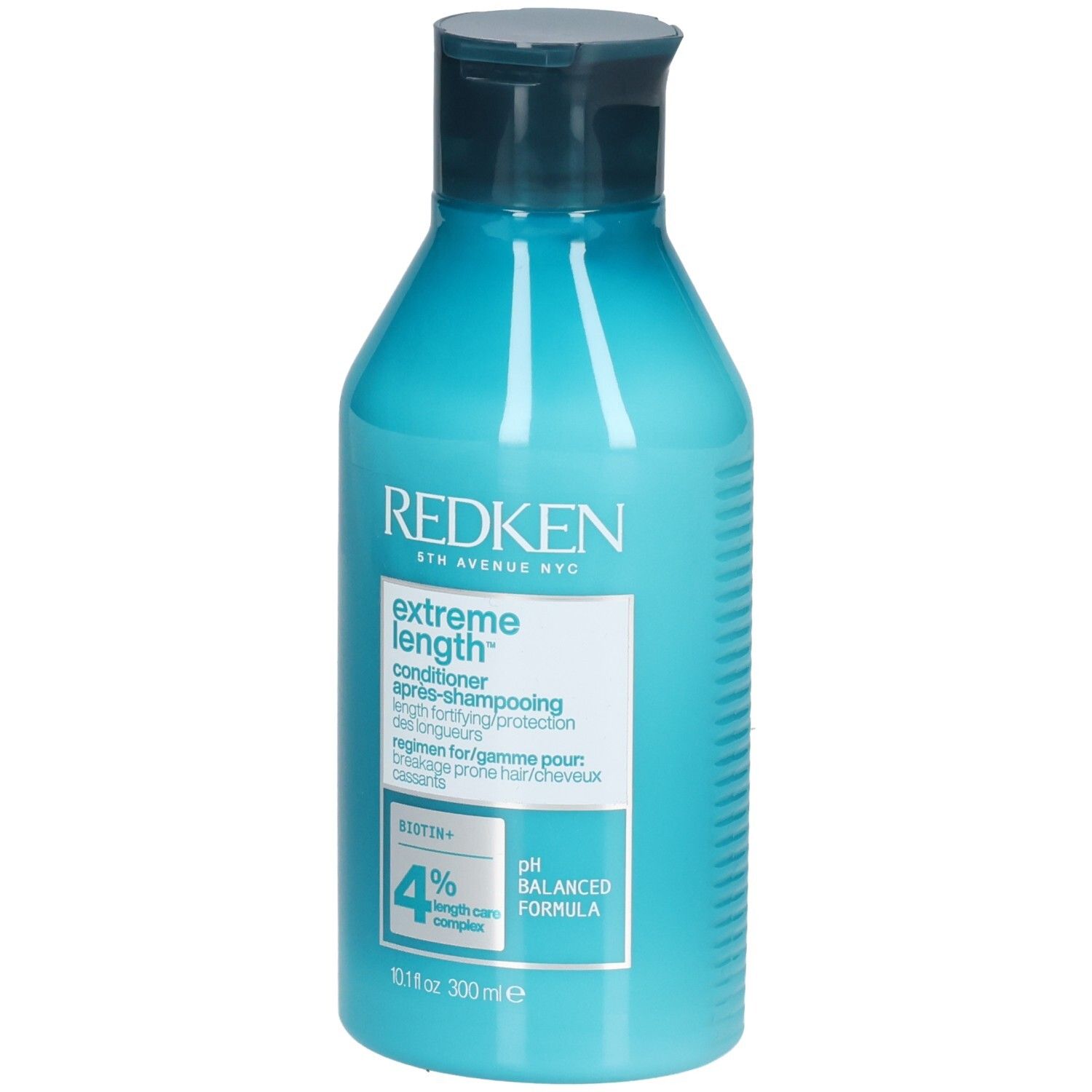 Flacone blu turchese con tappo blu scuro. Scritta: REDKEN, Extreme Length Conditioner. Contiene Biotina+ e 4% Length Care Complex.
