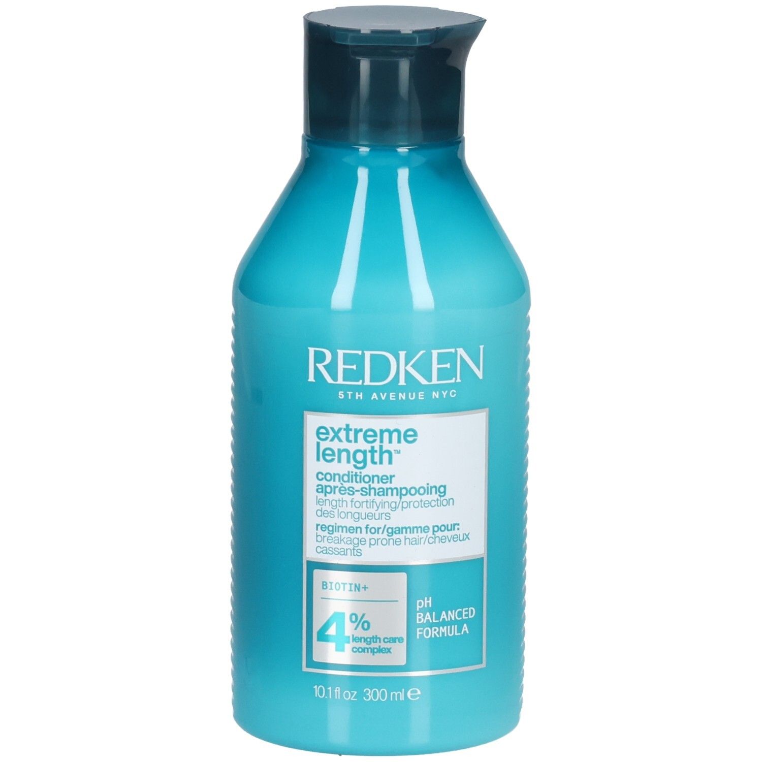Flacone blu turchese con tappo blu scuro. Scritta: REDKEN, Extreme Length Conditioner. Contiene Biotina+ e 4% Length Care Complex.