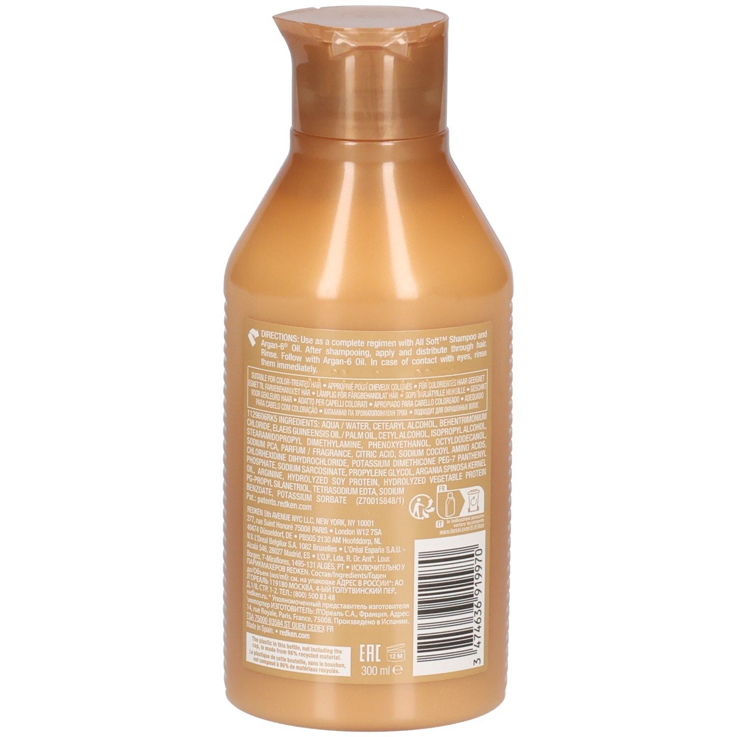 Retro del flacone di Redken All Soft Conditioner. Testo con ingredienti e informazioni. Codice a barre e indicazione del volume.