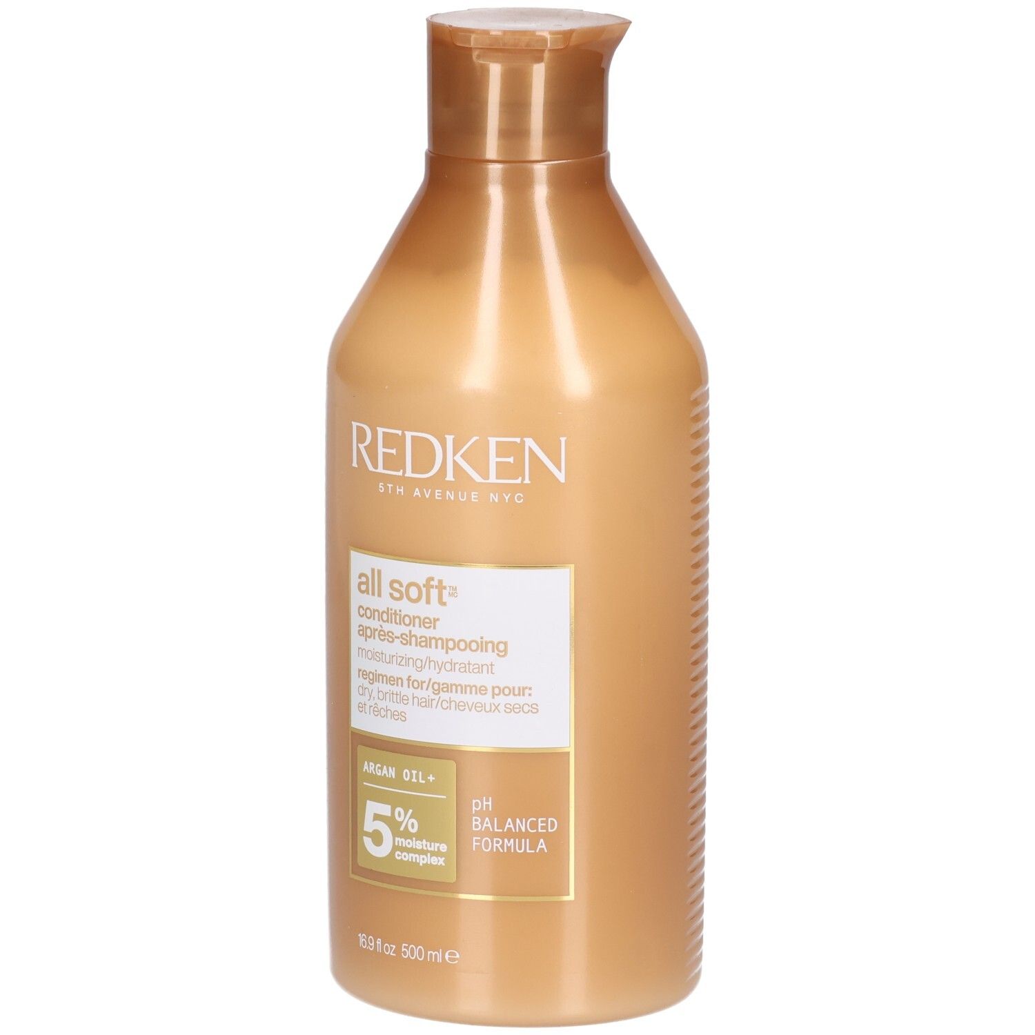 Flacone dorato di balsamo. Scritte: Redken, All Soft, Conditioner, 5% Moisture Complex, pH Balanced Formula.